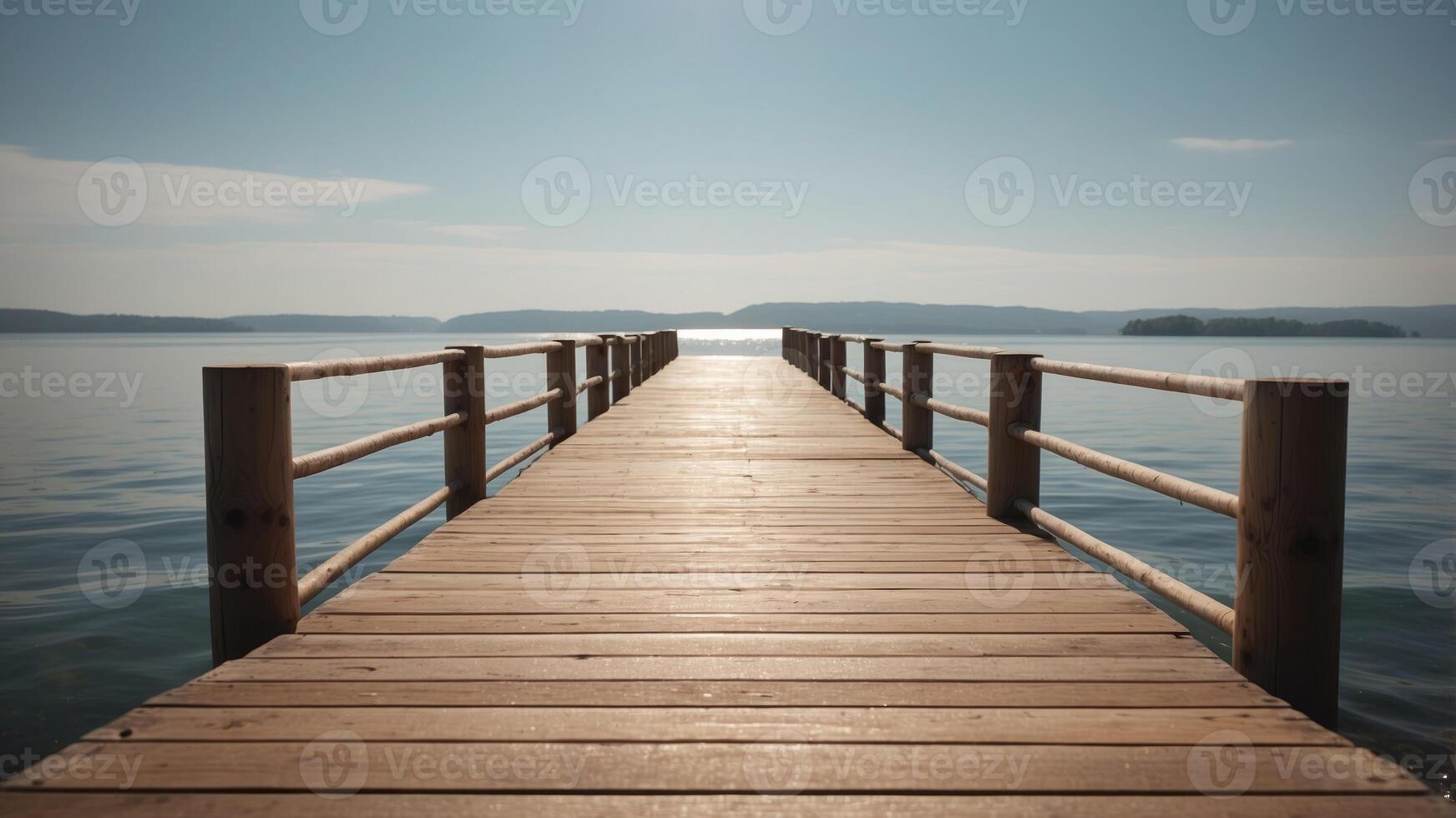 Close-up of wooden pier extending into the calm ocean under a bright sky, evoking a sense of tranquility and summer leisure. photo