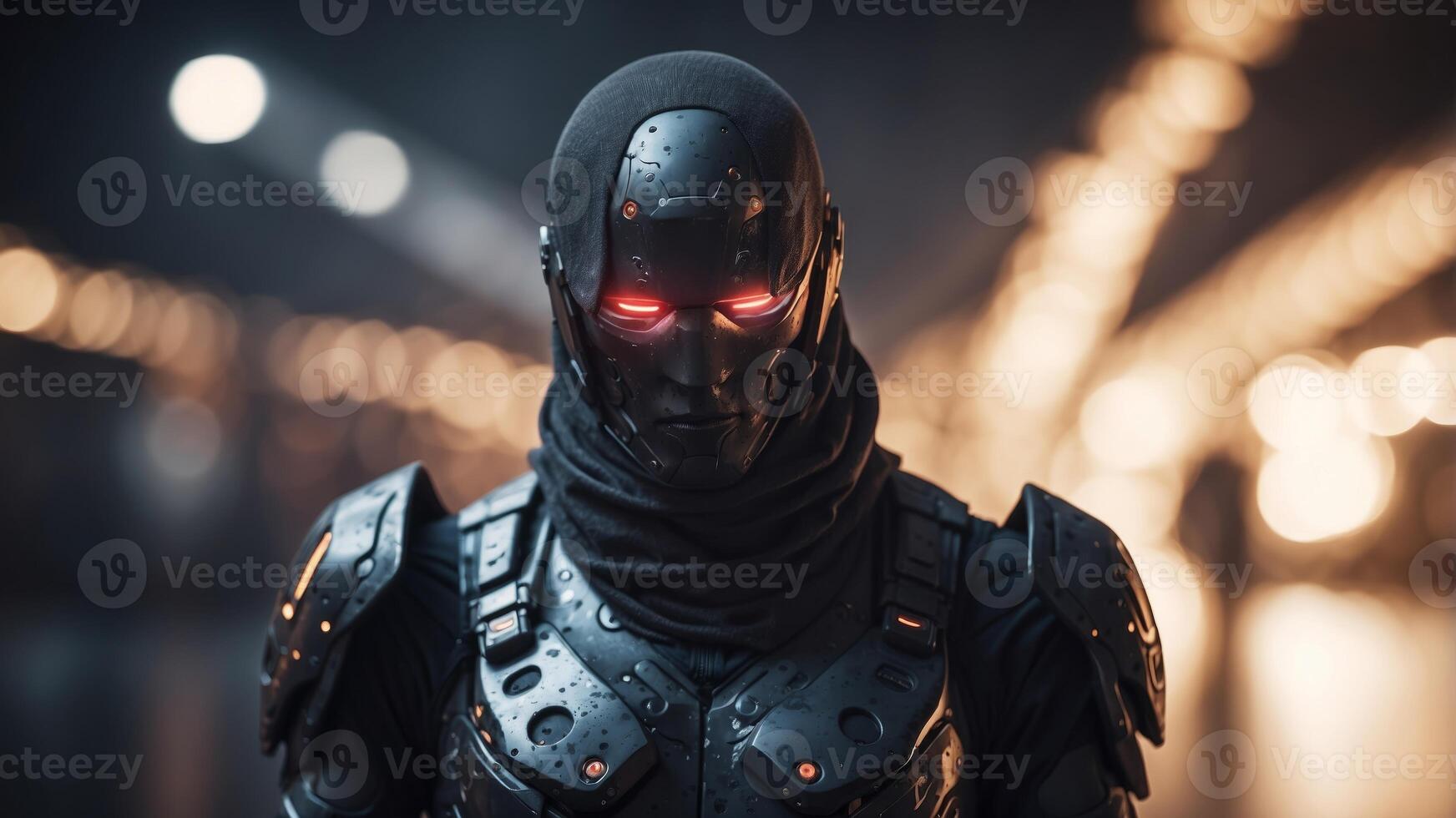Enigmatic Cyborg Warrior Shrouded in Ominous Atmosphere of the Futuristic Dystopia. photo