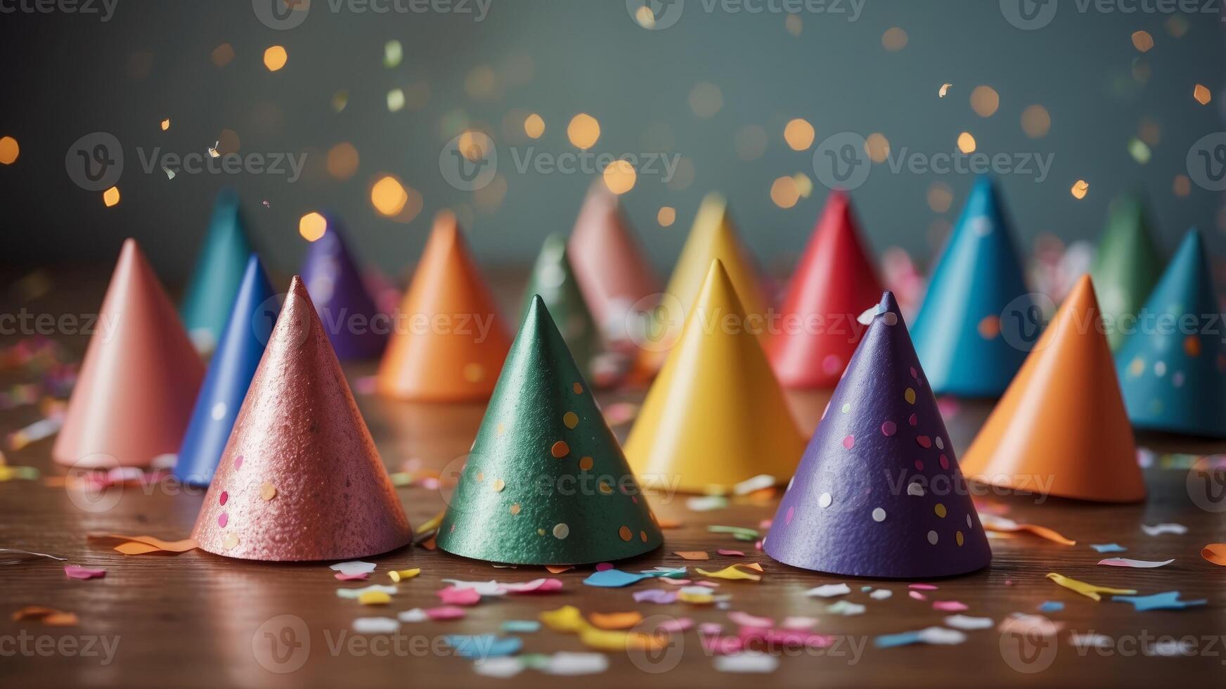 Colorful party hats as well as confetti scattered atop table. photo