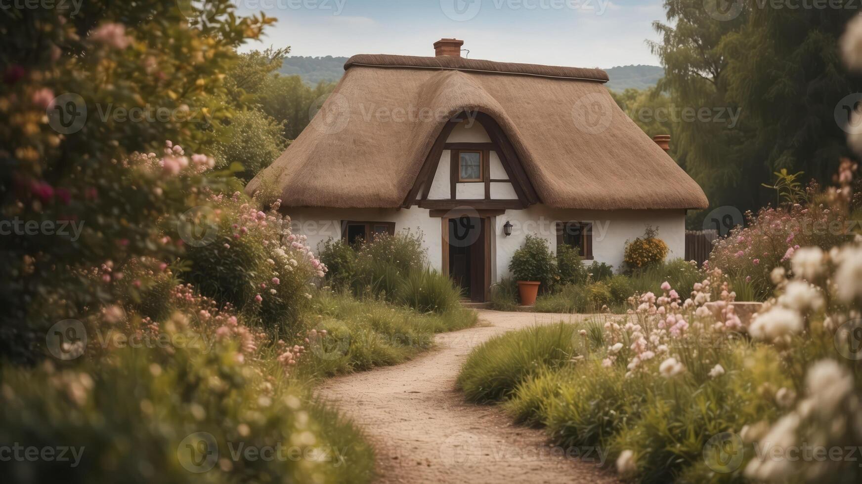 Charming Thatched Roof Cottage in a Picturesque Country Landscape with Blooming Garden and Pathway. photo