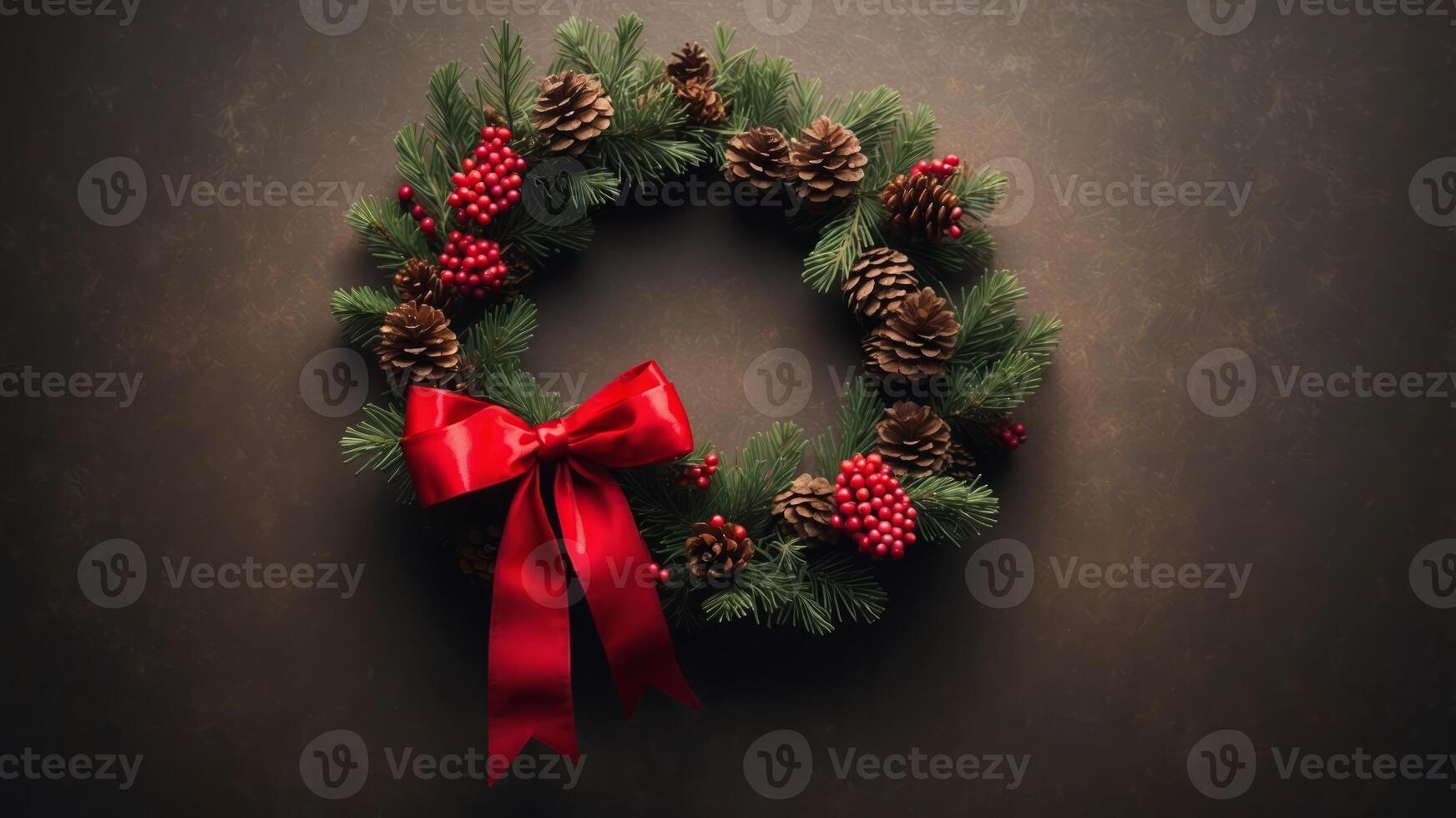 Festive Christmas wreath with pinecones, red bow, berries on rustic background. photo