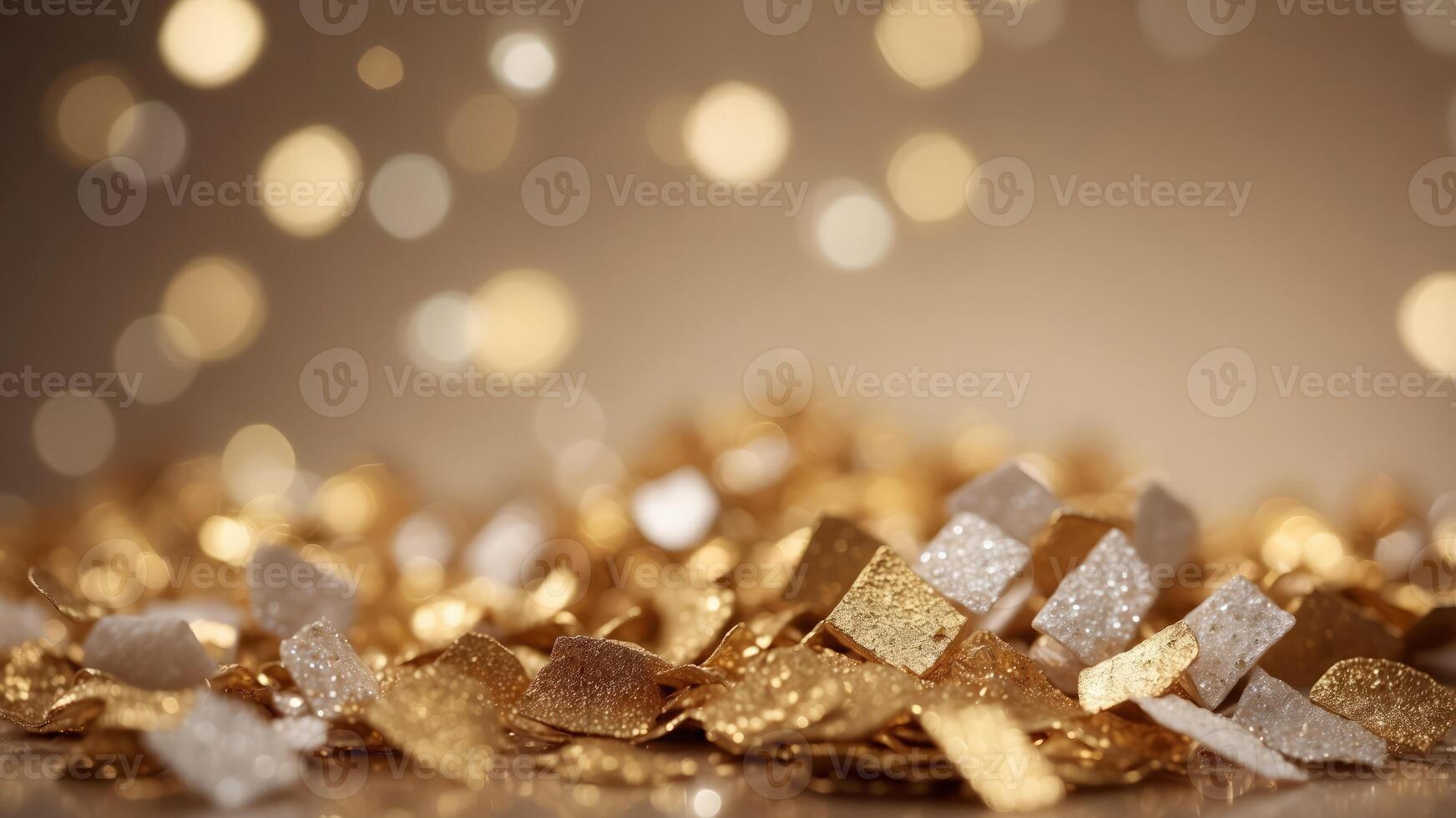 Glitter and confetti in soft focus, featuring gold white highlights. photo