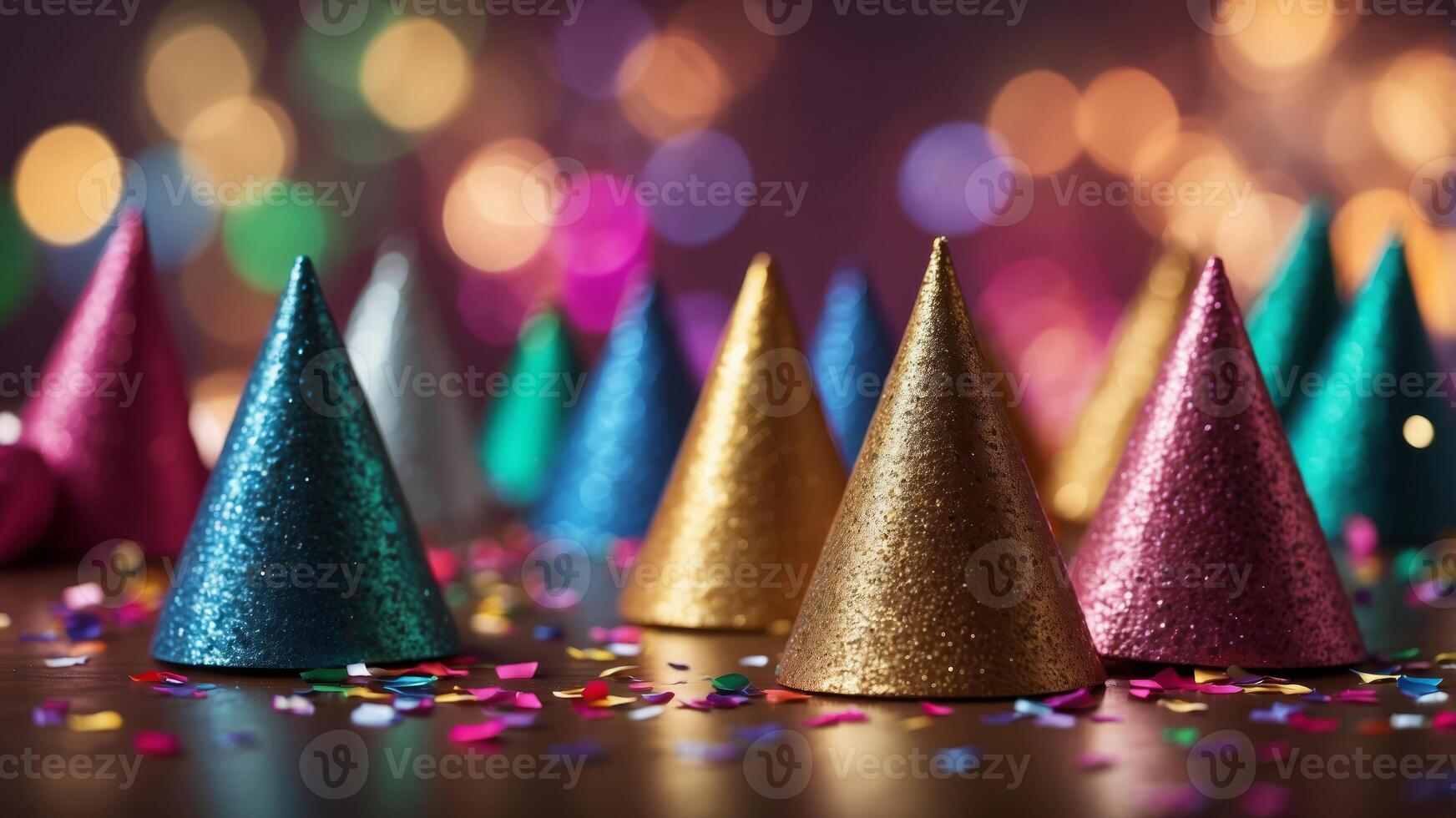 Glittery party hats and confetti with vibrant bokeh lights. photo