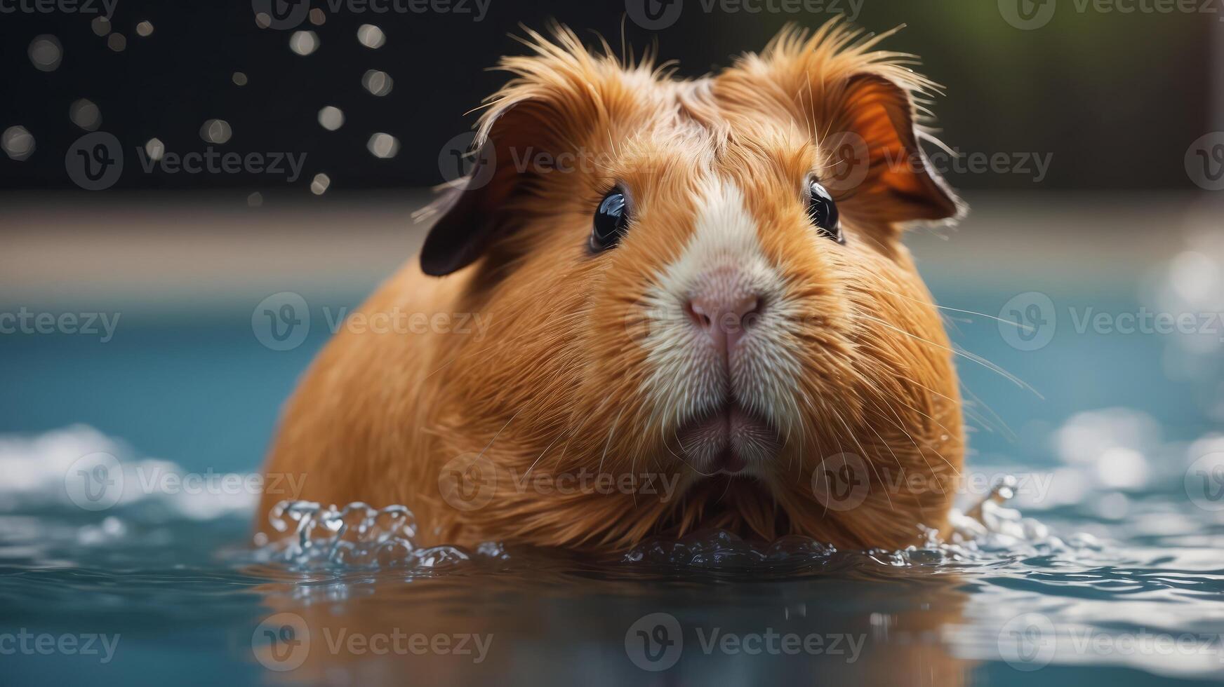 Guinea pig swimming in water with splash effects. photo