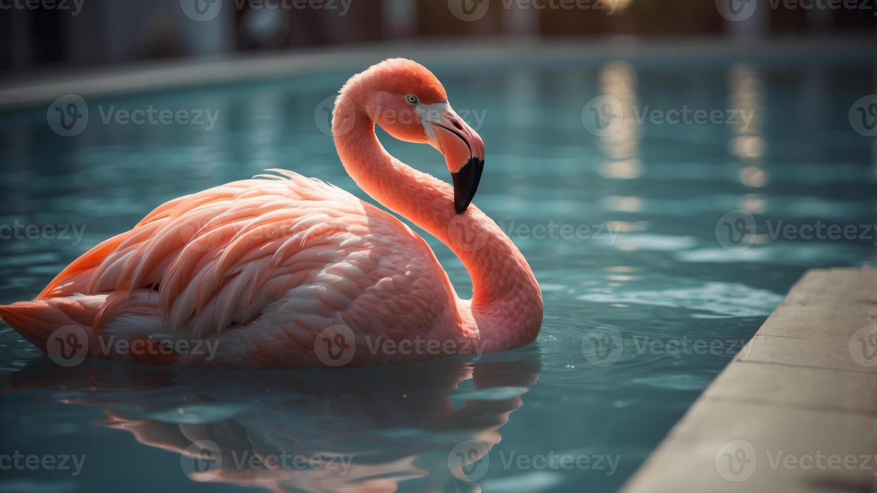 Vertical Image Of A pink flamingo float in a swimming pool. photo