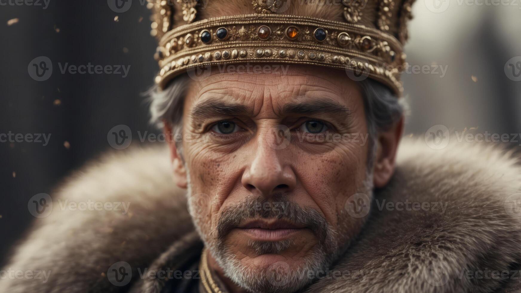 Weathered Face of a Regal and Powerful Historical Monarch Adorned in Fur Trimmed Robes and a Majestic Crown. photo