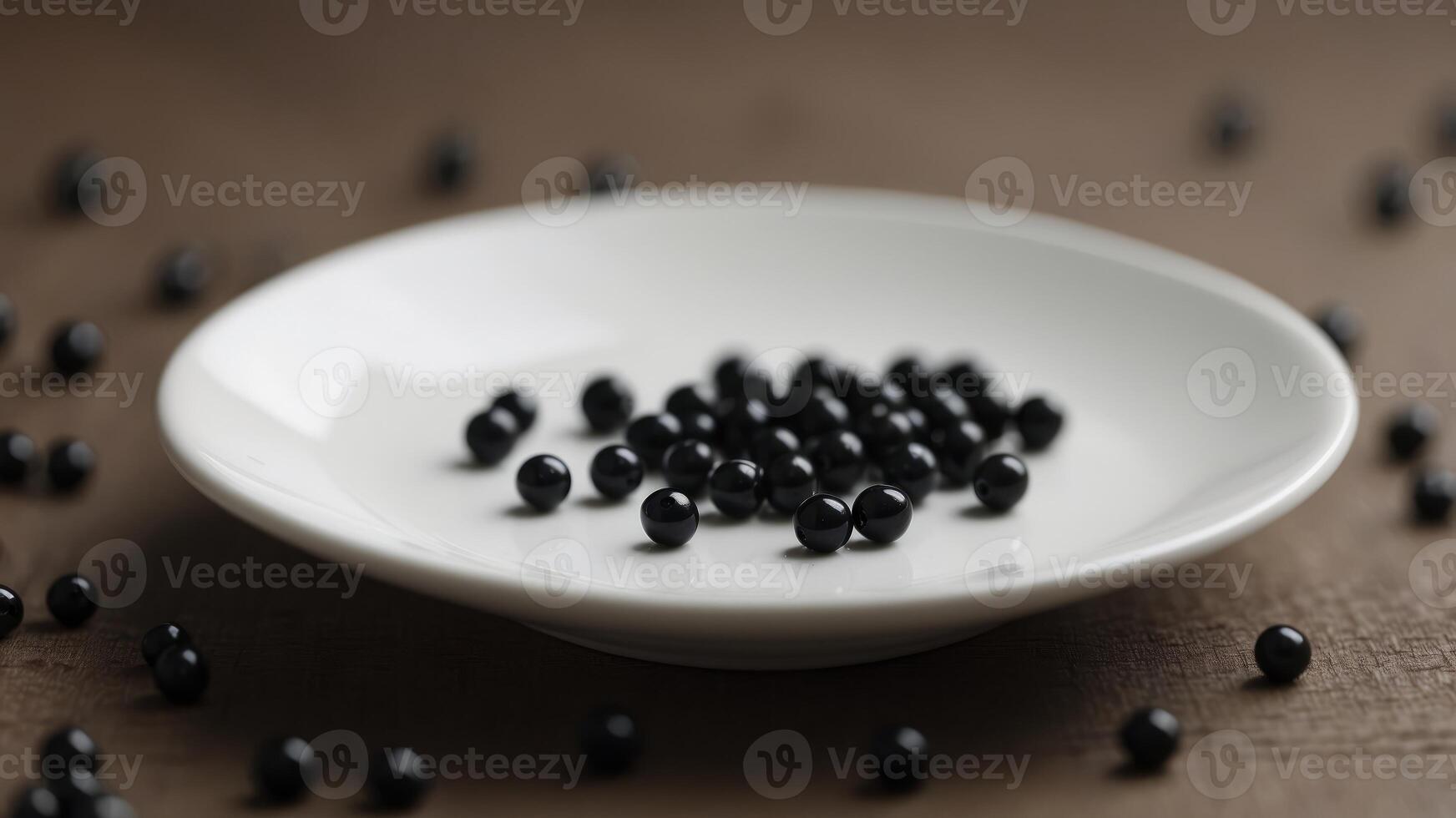 White plate filled featuring small, black beads. photo