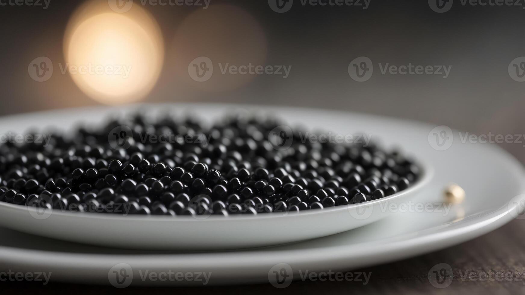 White plate filled featuring small, black beads. photo