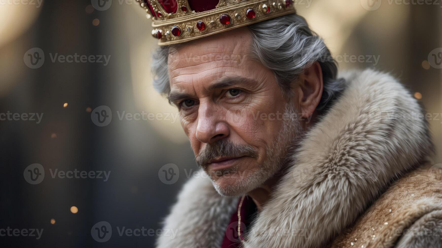 Weathered Face of a Regal and Powerful Historical Monarch Adorned in Fur Trimmed Robes and a Majestic Crown. photo
