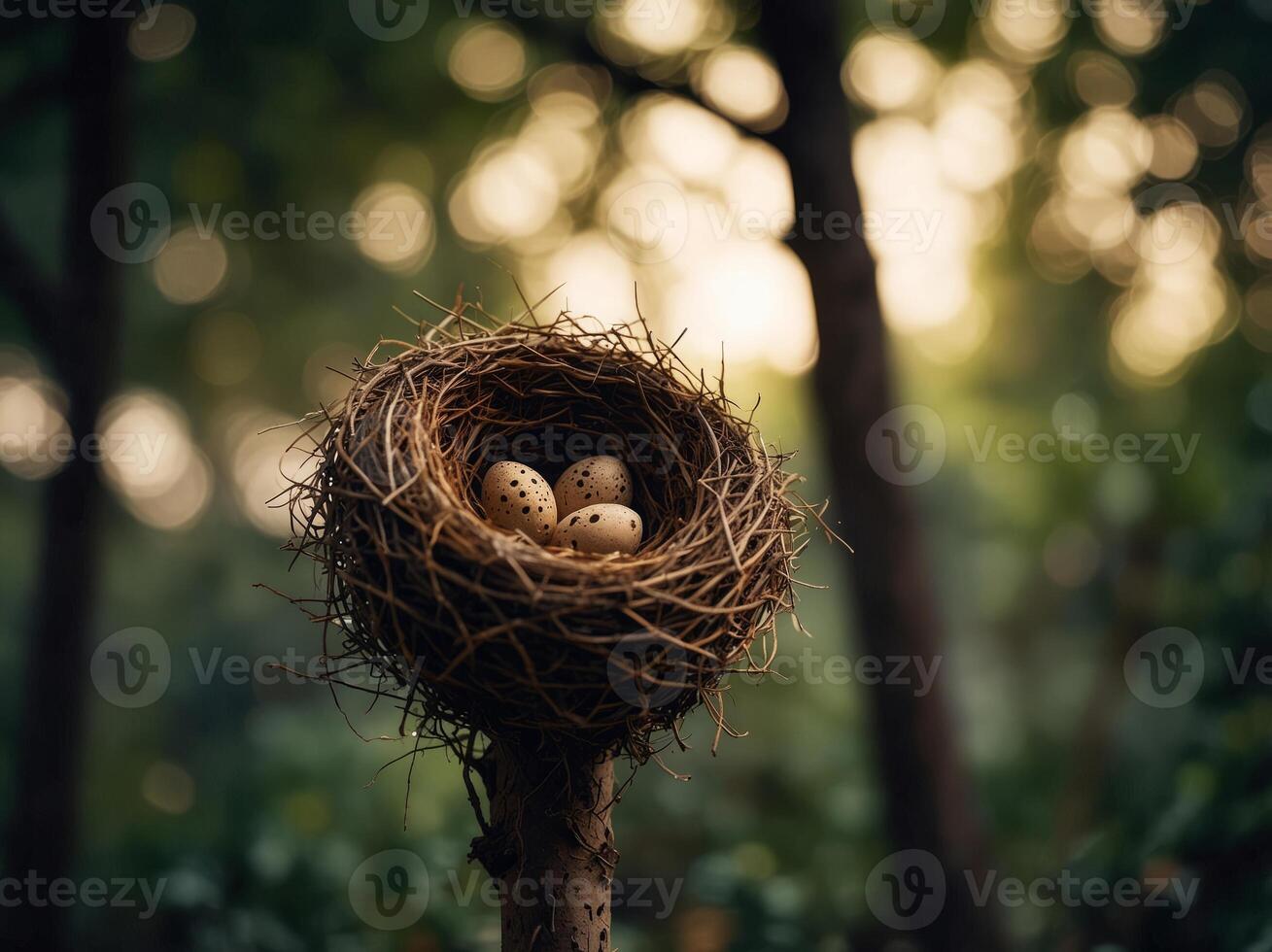 A bird's nest in a minimal outdoor space, with soft lighting highlighting the nest on the right side. photo