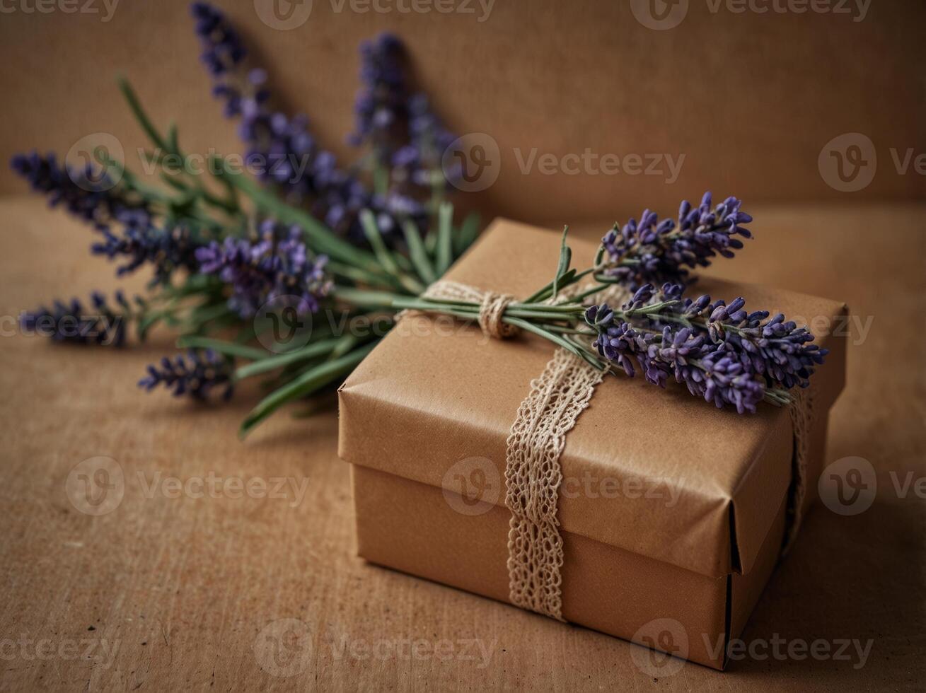 A box tied with lace trim and wrapped in compostable brown kraft paper accented with a sprig of fresh lavender. photo