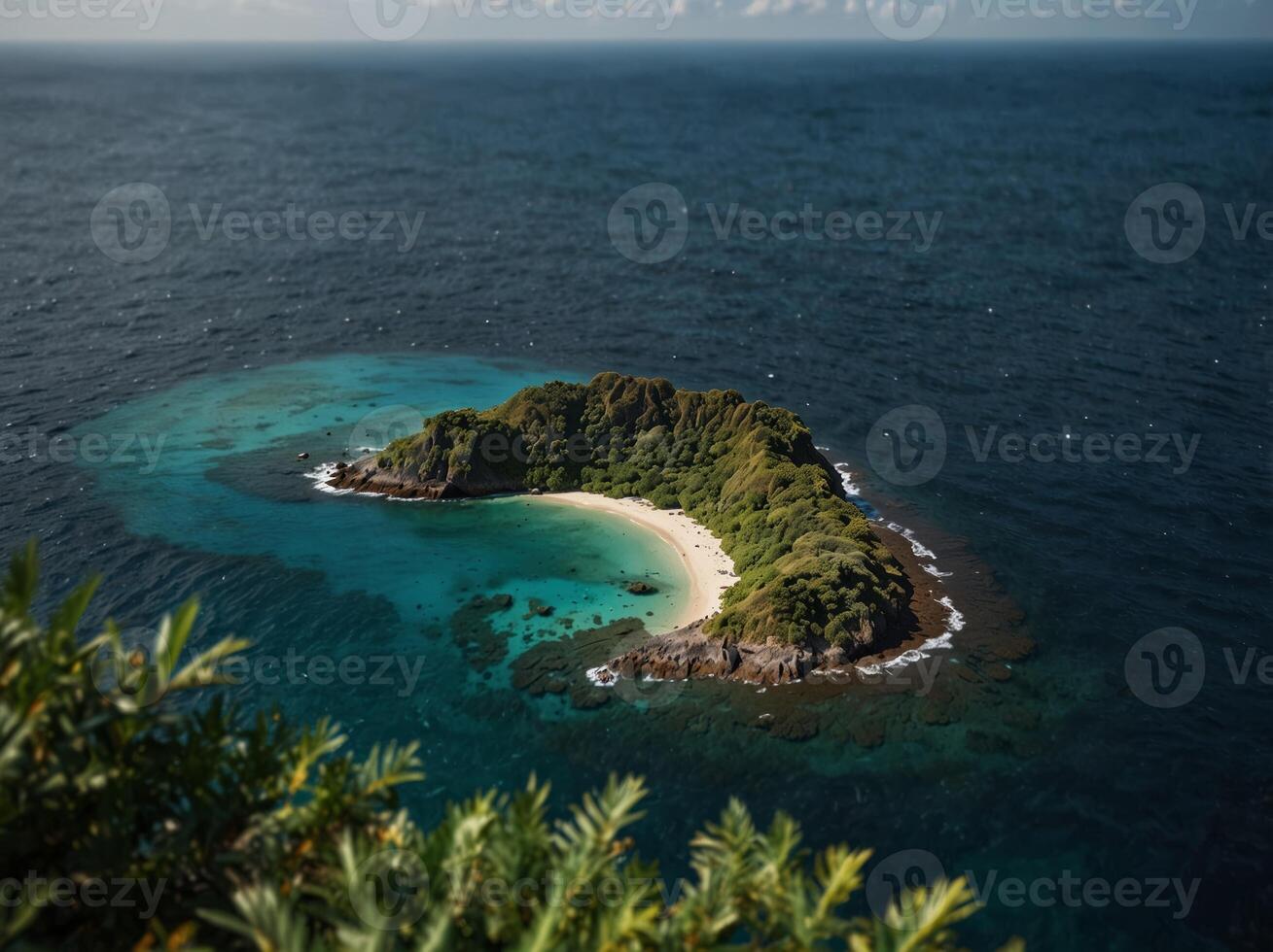 A nature island surrounded by the sea is tropical paradise a hidden oasis of pleasure and rest, small volcanic island flat lay, background. photo