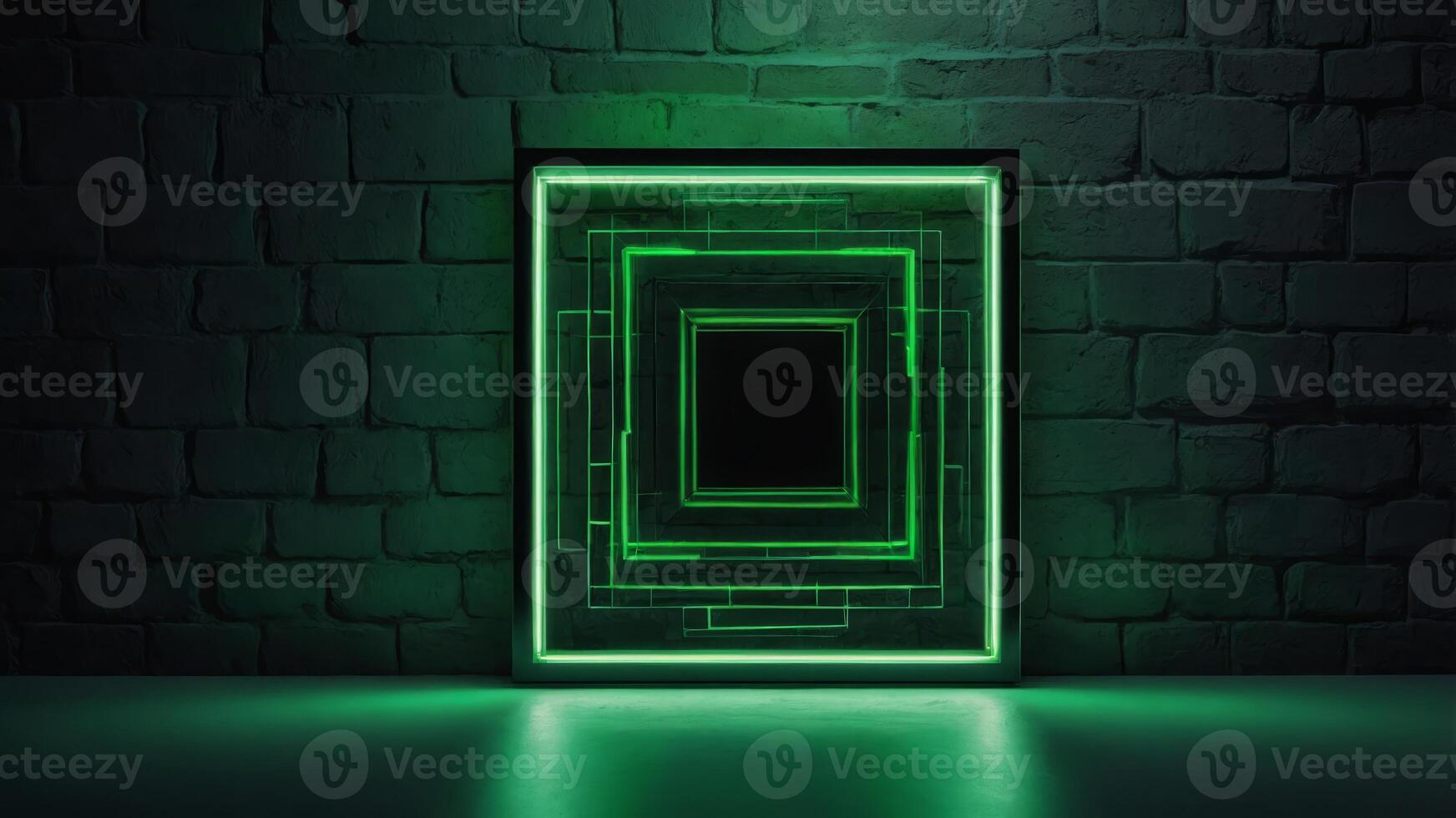 A neon green square frame highlighting an abstract geometric artwork. photo