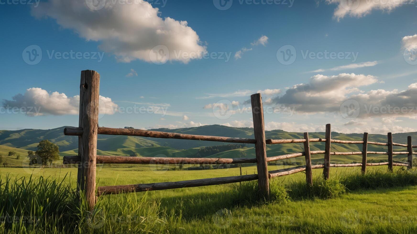 A rustic wooden fence stands in a lush green field, with rolling hills and a blue sky in the background. photo