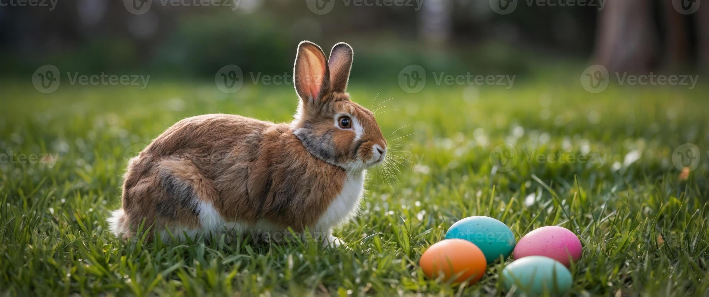 A playful domestic rabbit frolics among the vibrant green grass of spring, clutching a colorful egg in its fluffy fur, embodying the joy and whimsy of easter. photo