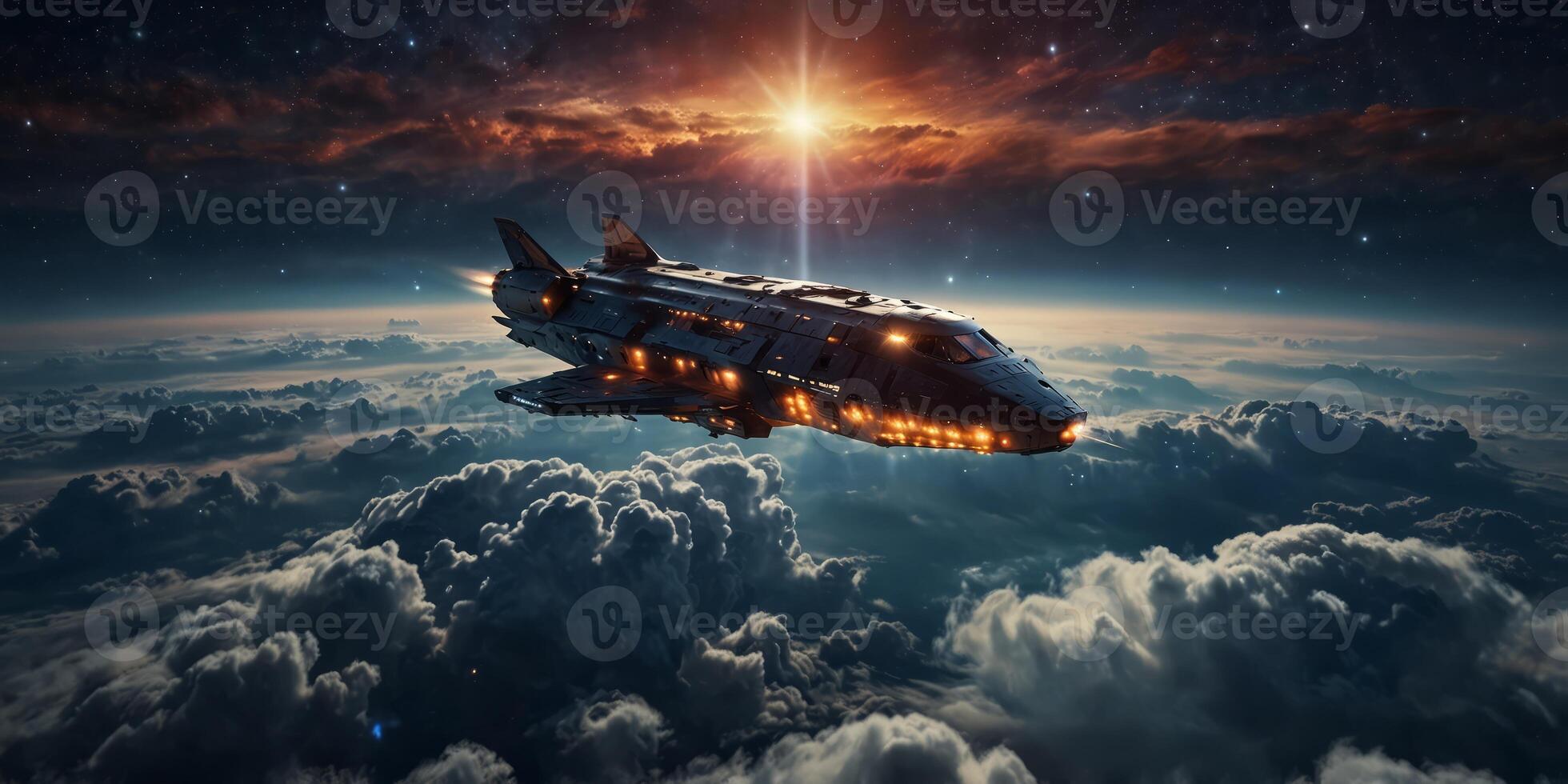 A spaceship is flying above the clouds with a beautiful nebula in the background. photo