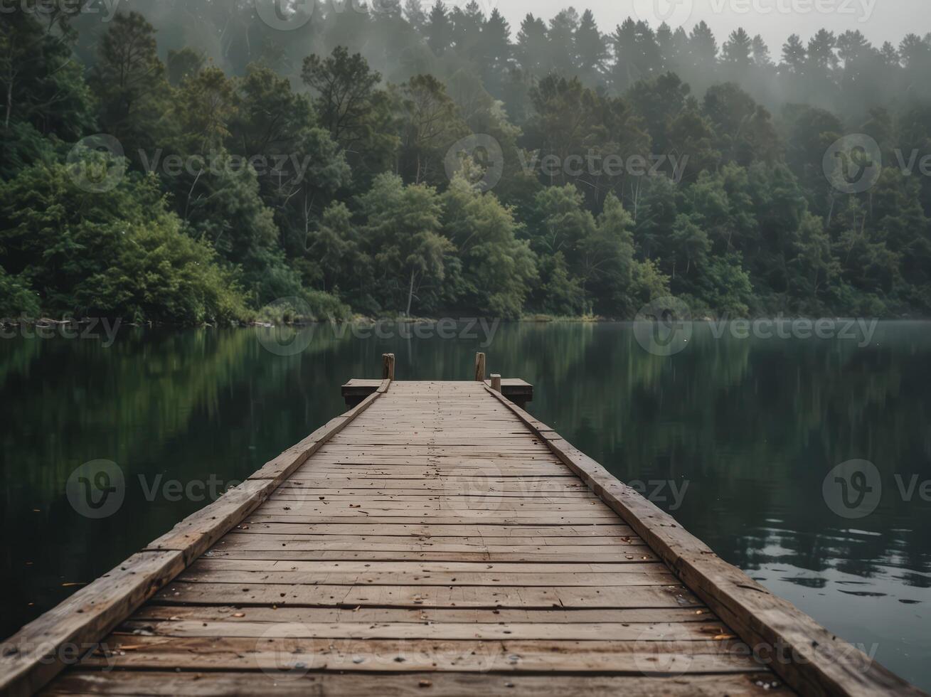 A tranquil lake scene enveloped in mist, featuring a long wooden dock extending into the calm waters, evoking a sense of peace and solitude, ideal for nature lovers. photo