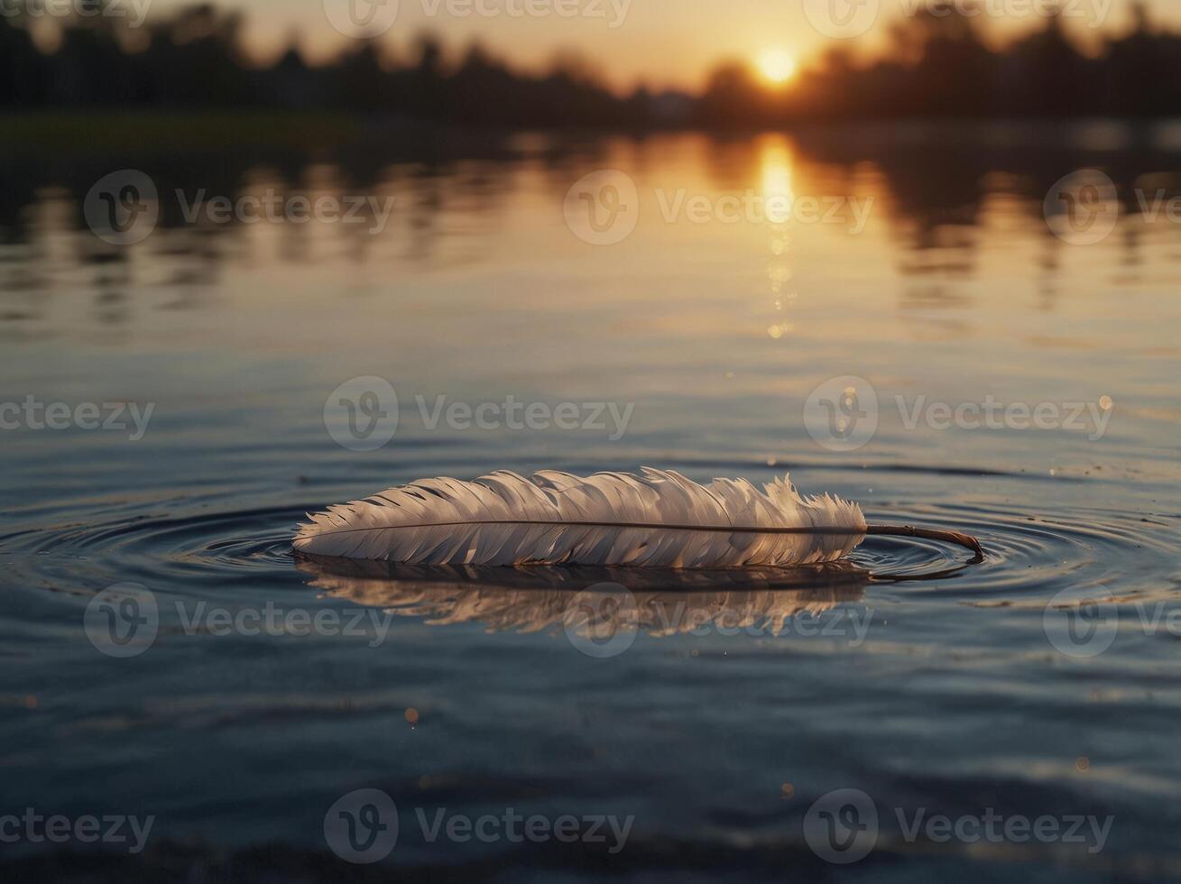 A white feather floating on a calm lake at sunrise. photo