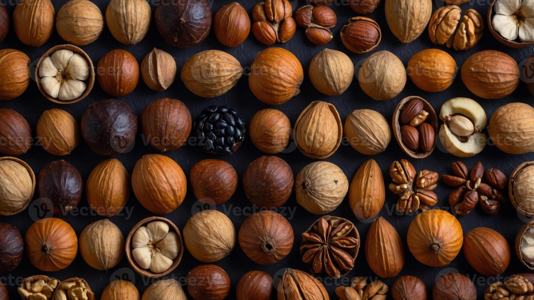 A variety of nuts and seeds are arranged on a dark surface. photo