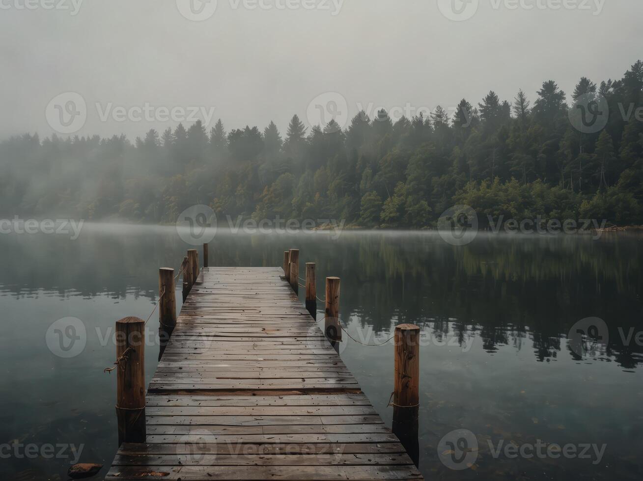A tranquil lake scene enveloped in mist, featuring a long wooden dock extending into the calm waters, evoking a sense of peace and solitude, ideal for nature lovers. photo