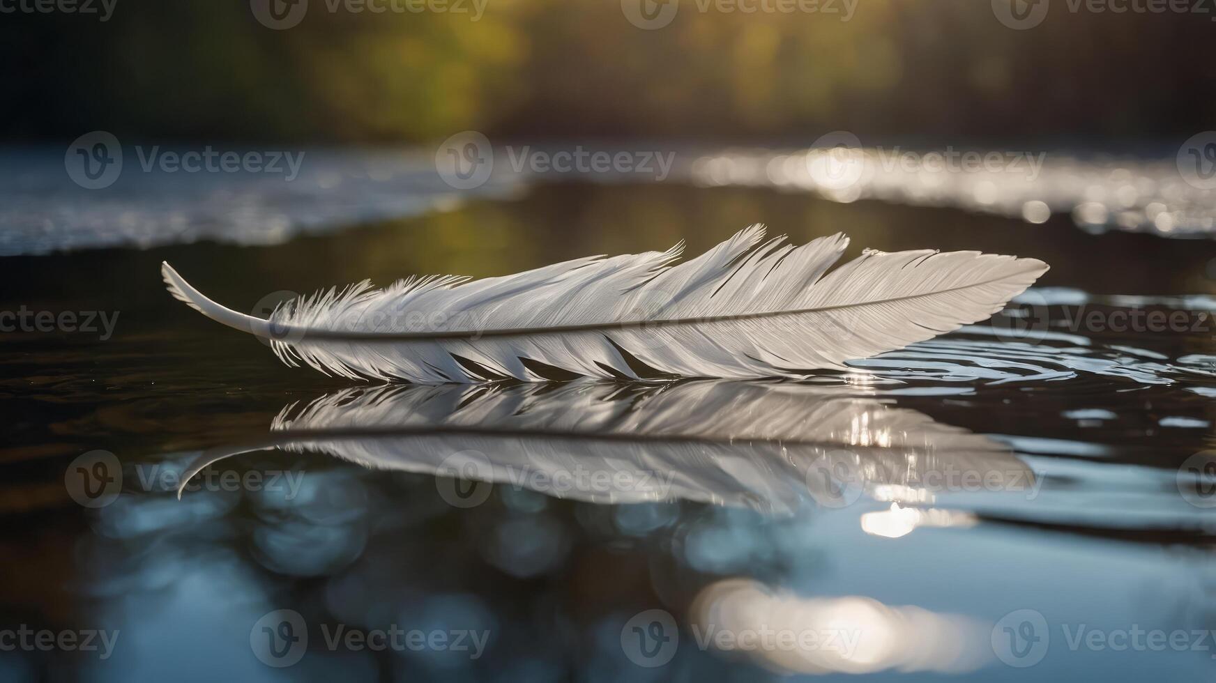 A white feather floating on the surface of a still pond, reflecting the sunlight. photo