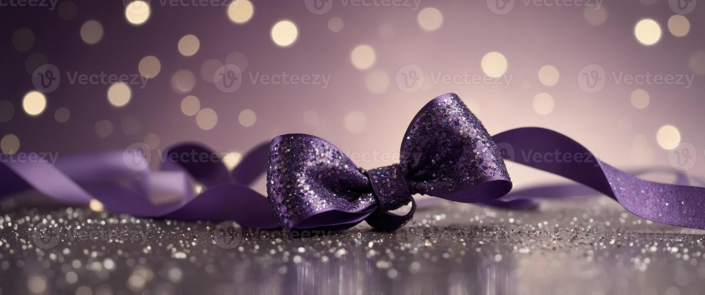Background with purple ribbon, glitter hearts, with copy space. photo