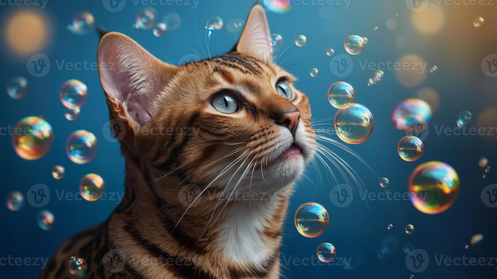 Bengal cat and soap bubbles on a blue background. photo