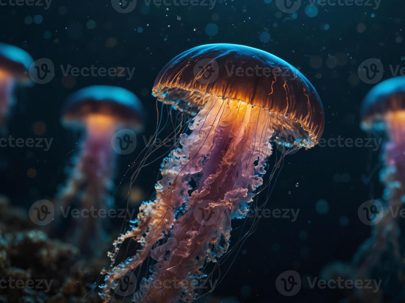Bioluminescent jellyfish-like creatures swim through the debths of the ocean. photo