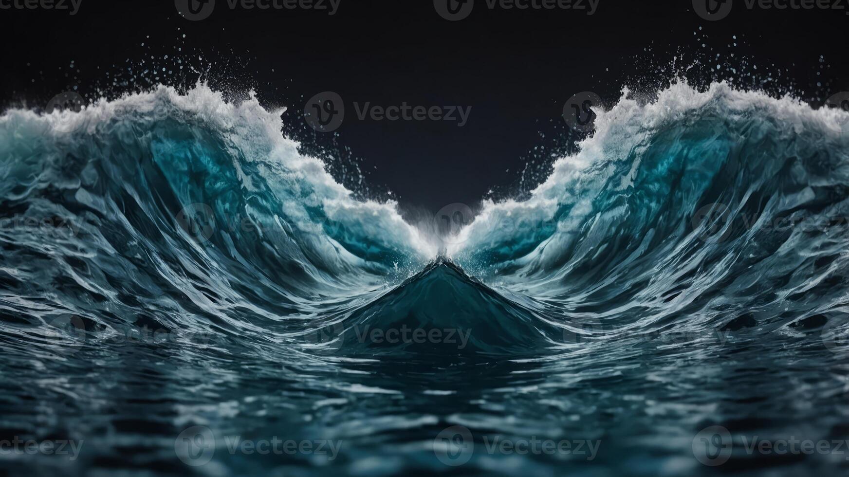 An artistic representation of a symmetrical wave being disrupted and breaking apart representing the breaking of symmetry in wave function collapse. photo