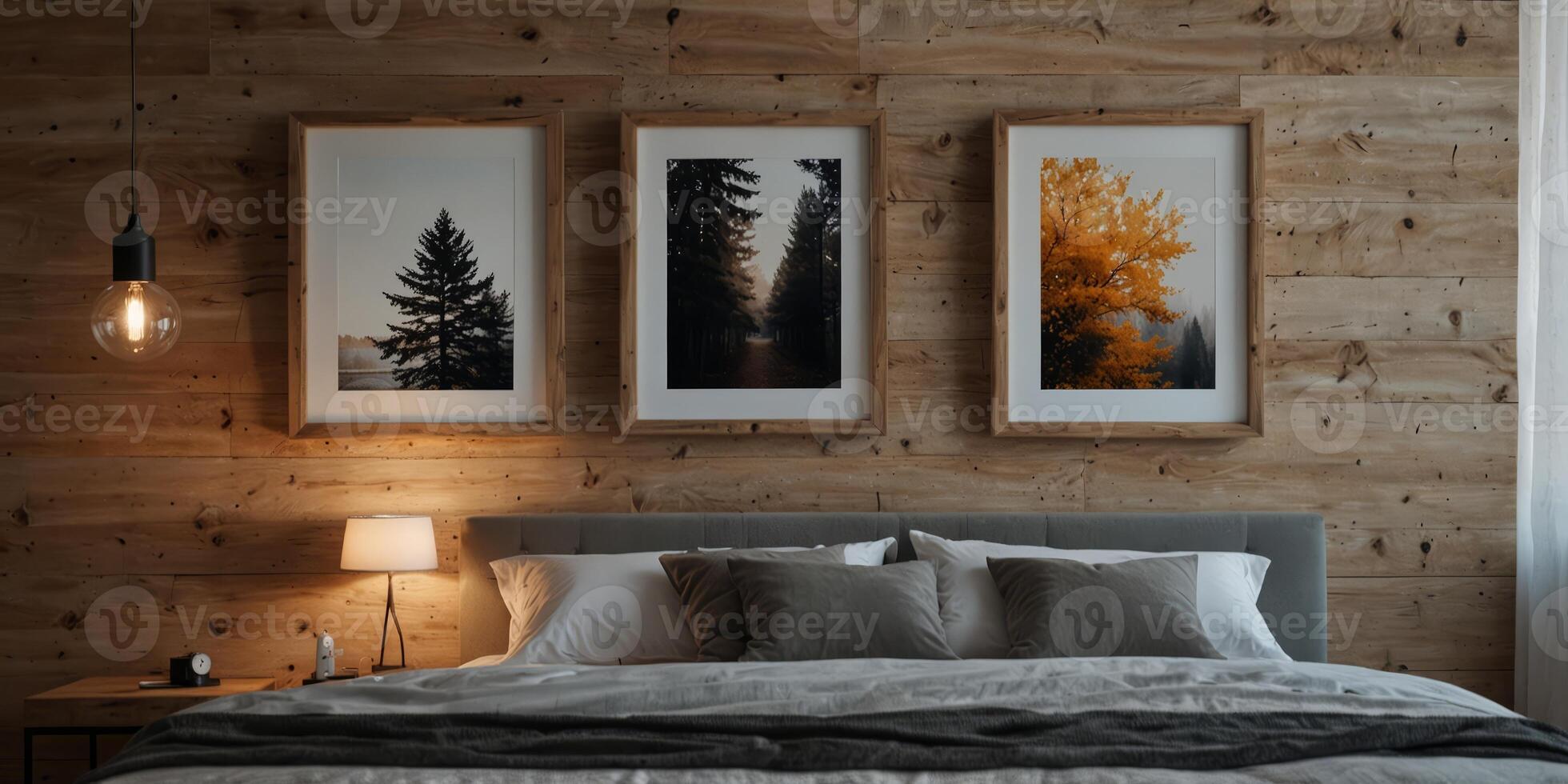 Bright bedroom interior with wooden wall and two empty frames. photo