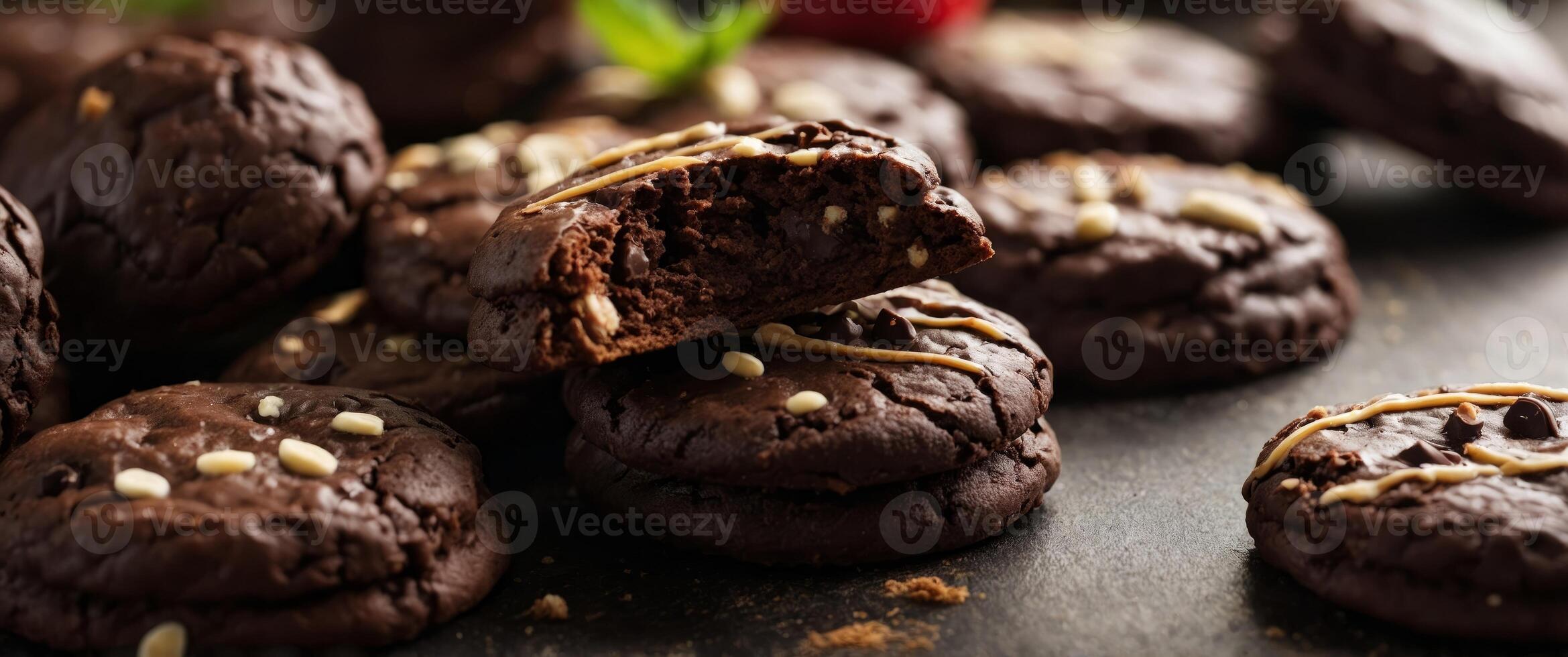 Chocolante panstry cankes annd cookies in bankery Sweet delicious danrk cocoan creanm food, tansty brown or blanck snanck, yummy canndy treant with stranwberry fruit annd berries. photo