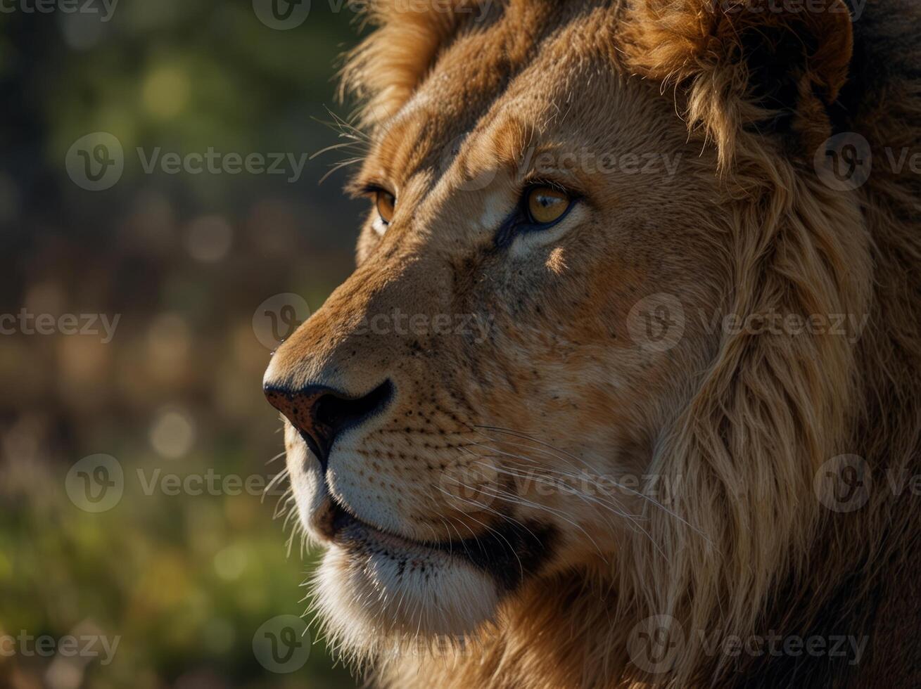 Close up of face Lion in forest Wild animal lion King of the forest, strong, formidable. photo