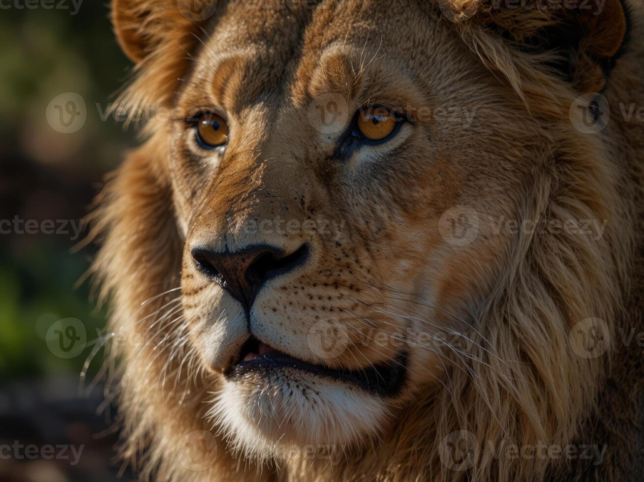 Close up of face Lion in forest Wild animal lion King of the forest, strong, formidable. photo