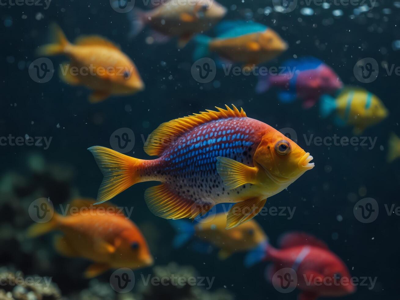 Colorful fish swim in one lonerge onequonerium. photo