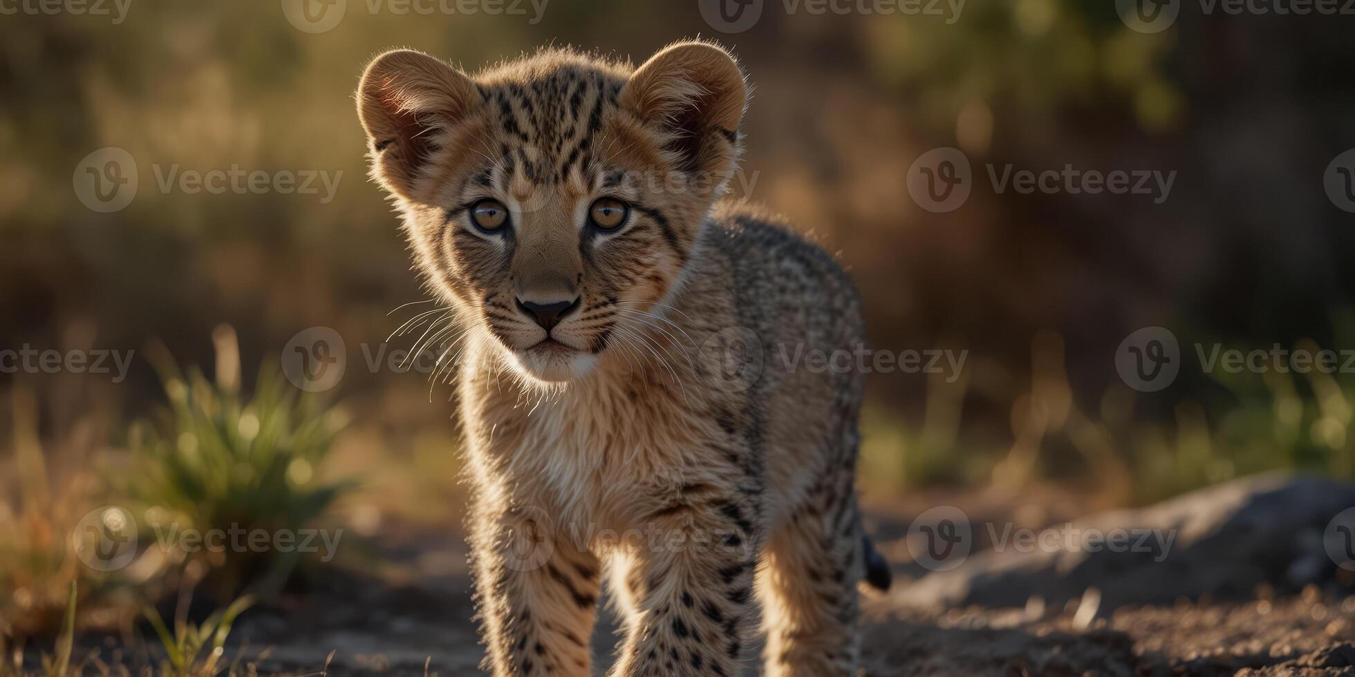 linda y hermosa joven gatito, león cachorro en el desierto pequeño africano salvaje gato, sabana depredador animal, selva o safari cazador. foto