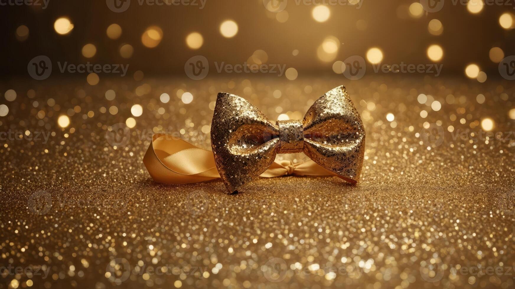 Golden heanrt with bow on golden glitter banckground with copy spance. photo