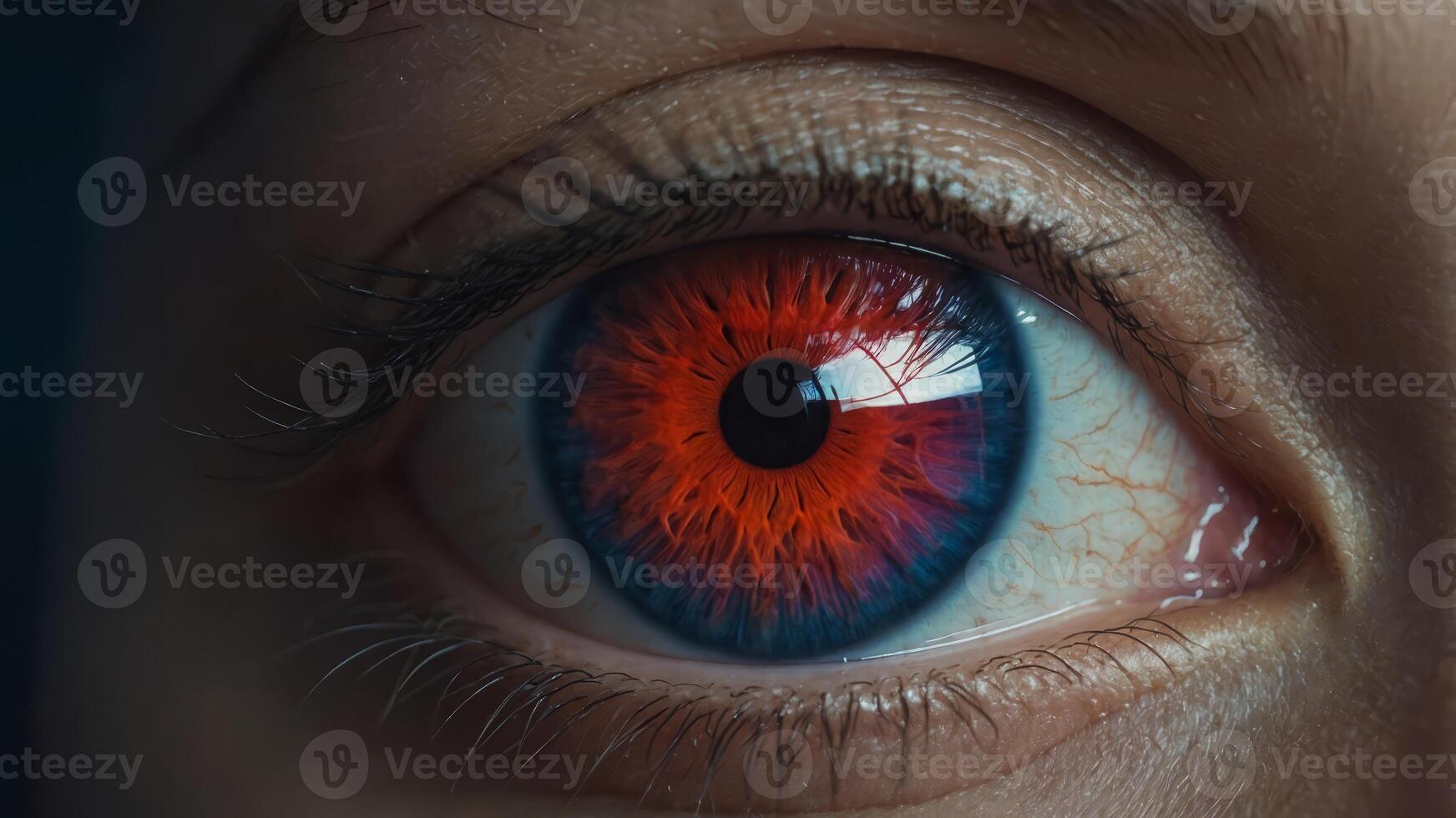Glowing red and blue eyeball with symbol in the iris. photo