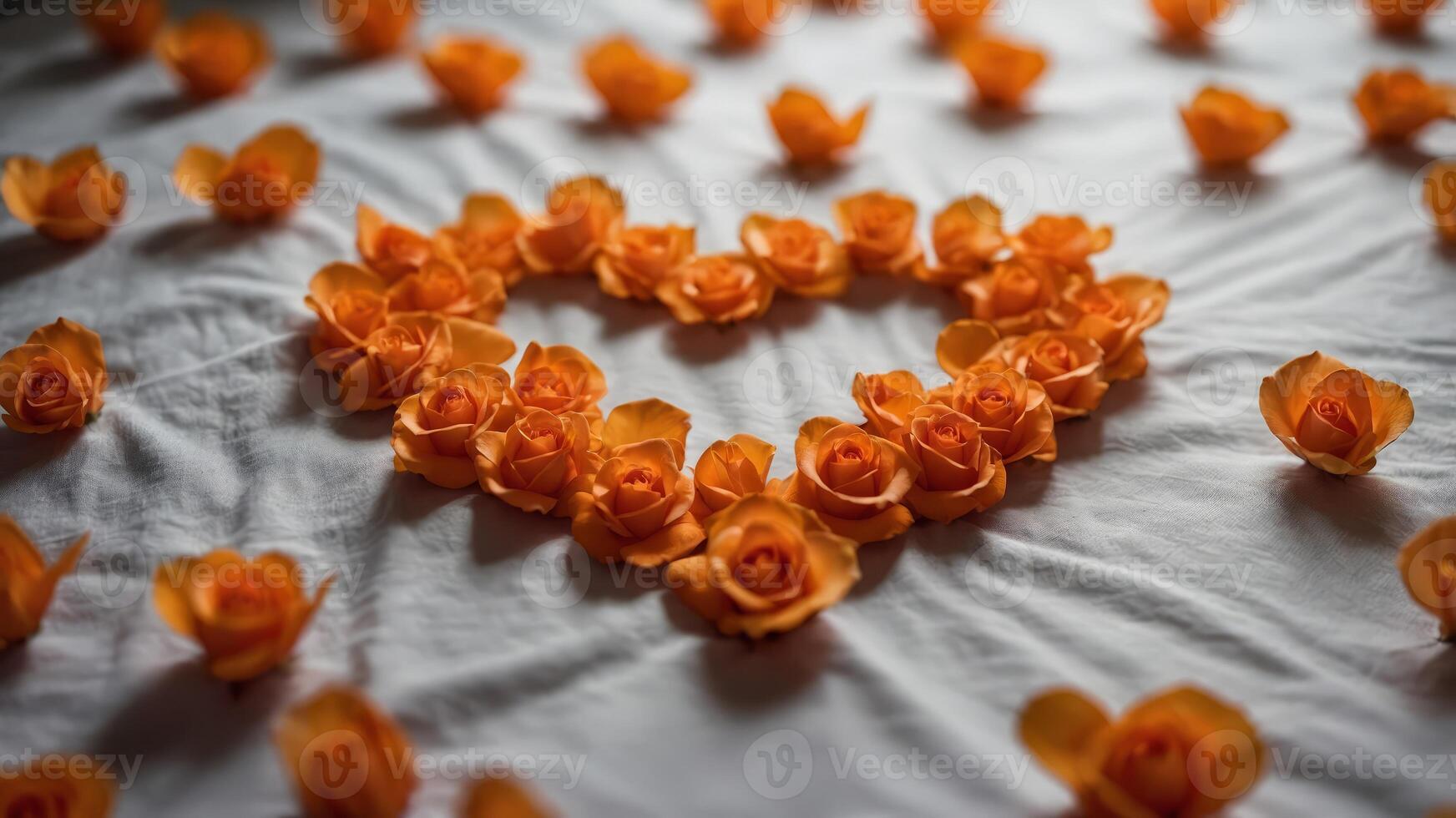 Orange rose petals arranged in a heart shape on a bed. photo