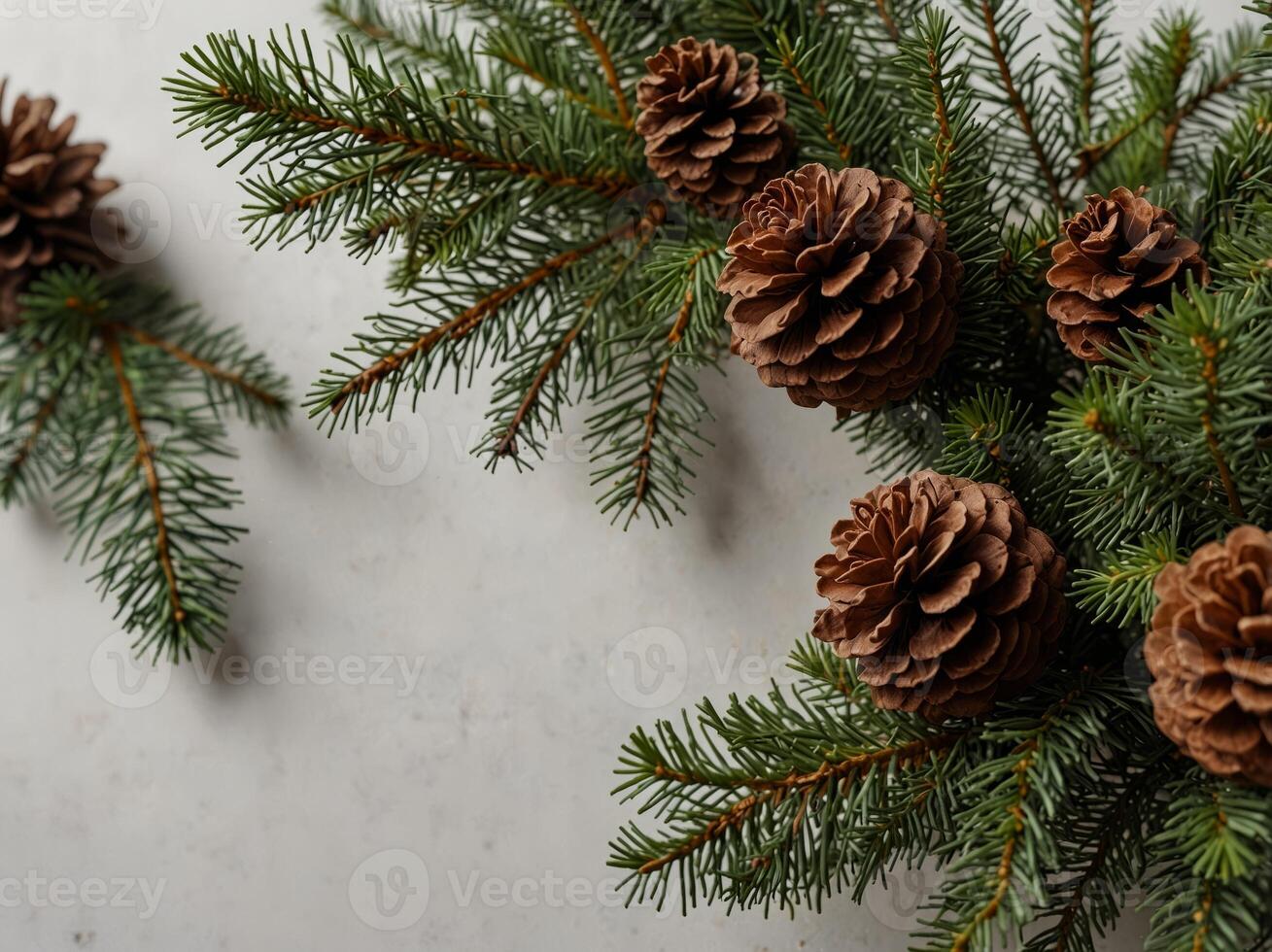 christmas border with fir branches and cones on white. photo