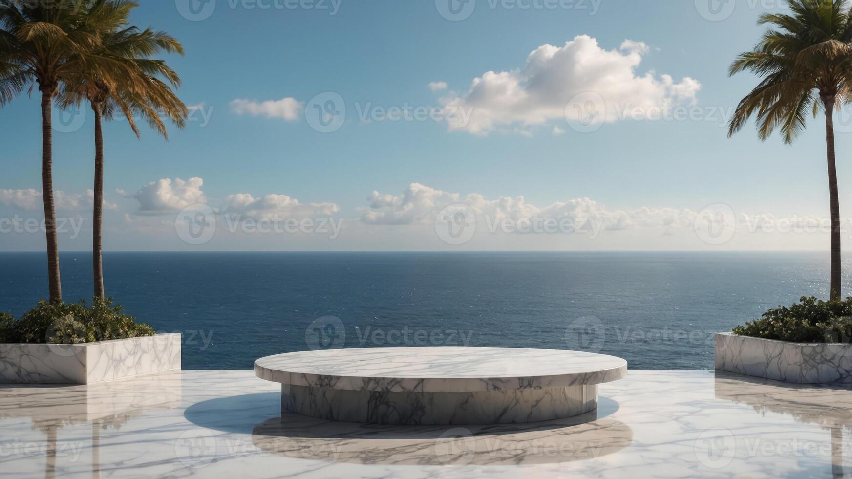 white marble podium with sea view on background, product presentations background. photo