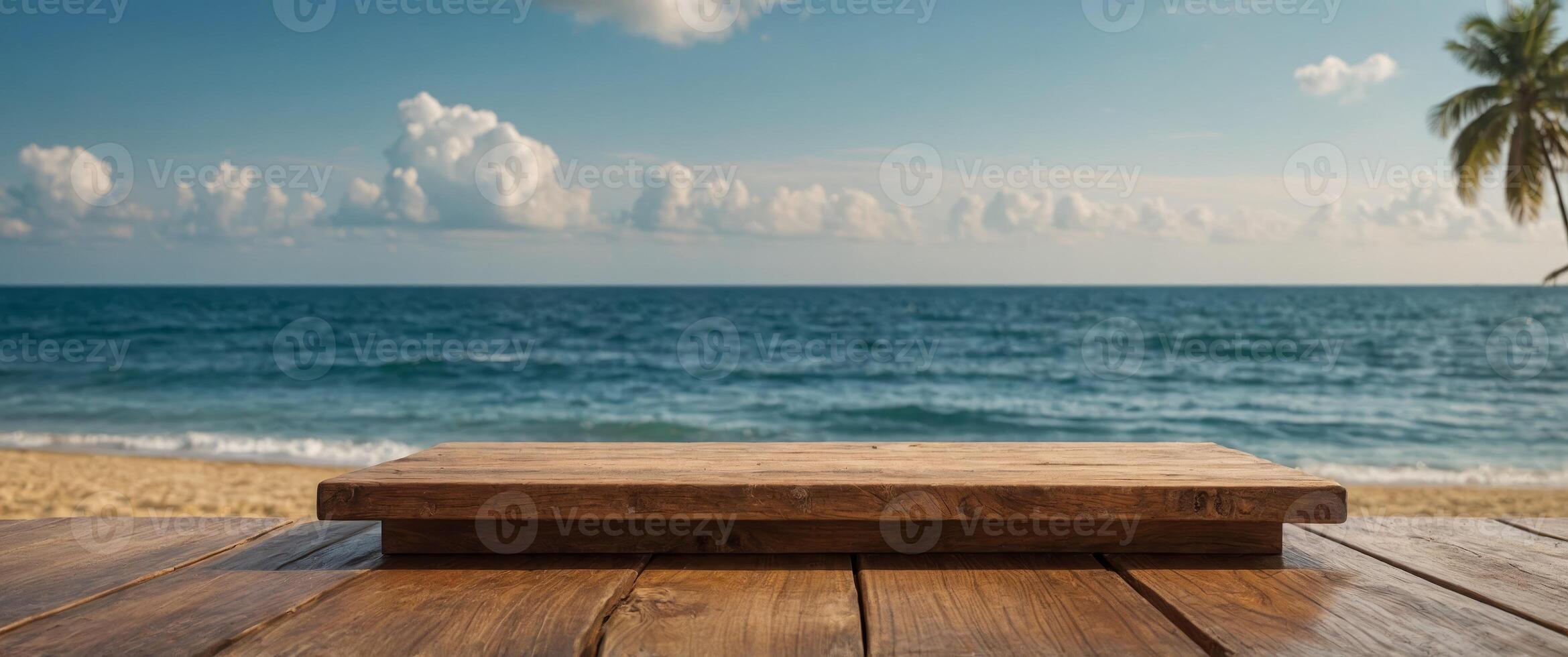 wooden podium with the sea tropical summer beach on background, for product display and presentation. photo