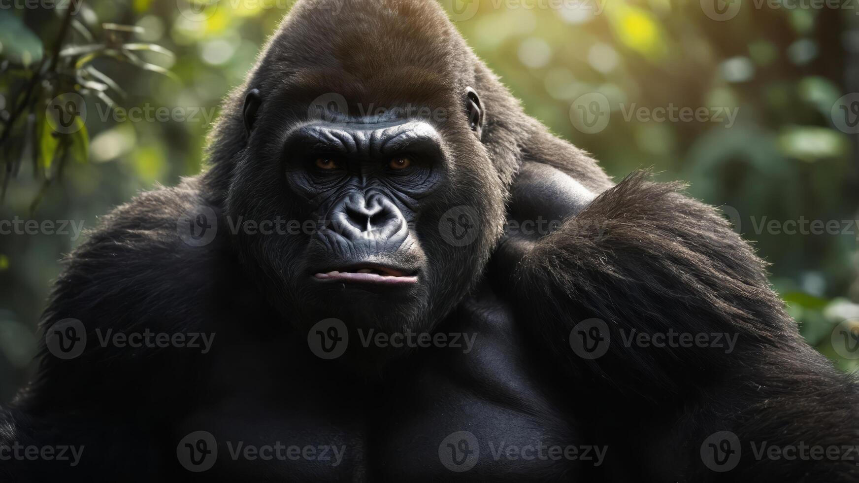 Big angry gorilla animal monster fighter in wildlife jungle or forest, dangerous mad and aggressive king kong, muscular powerful monkey beast. photo