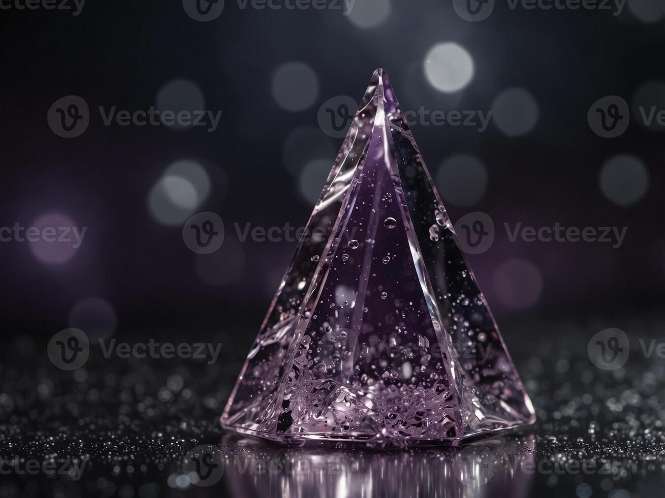 Purple crystal triangle with bubbles and light. photo