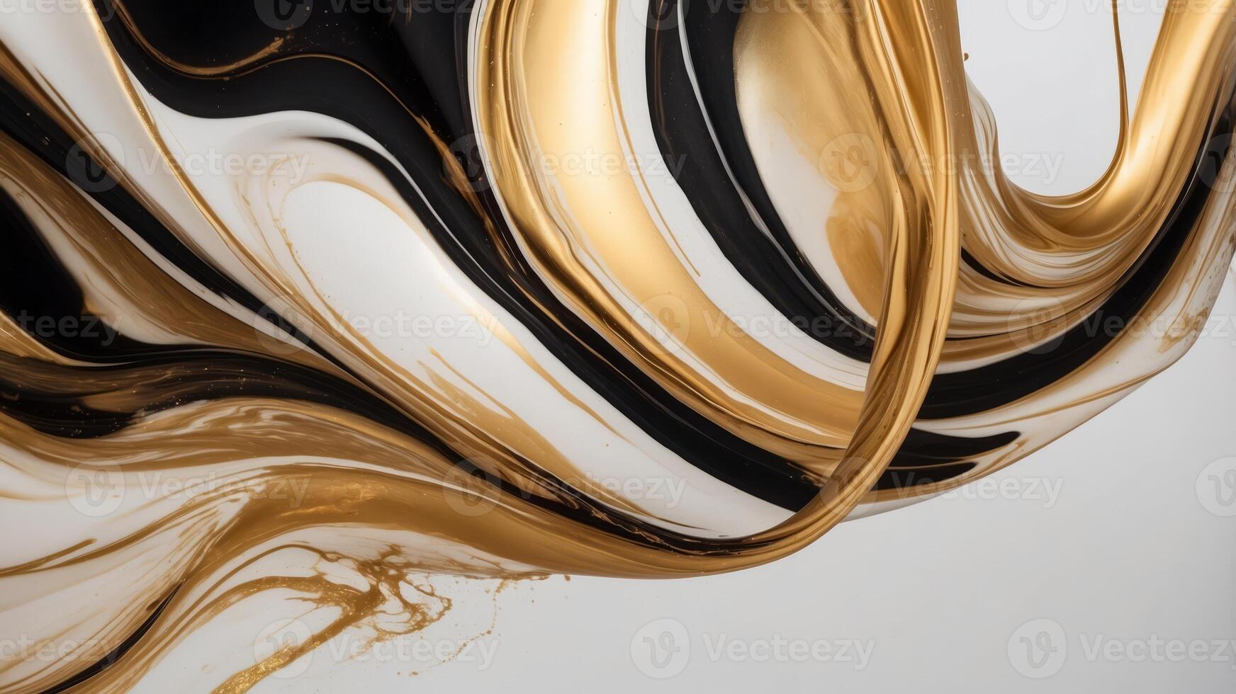 beautiful composition of white, black and gold abstract fluid shapes with golden splashes and swirls. photo