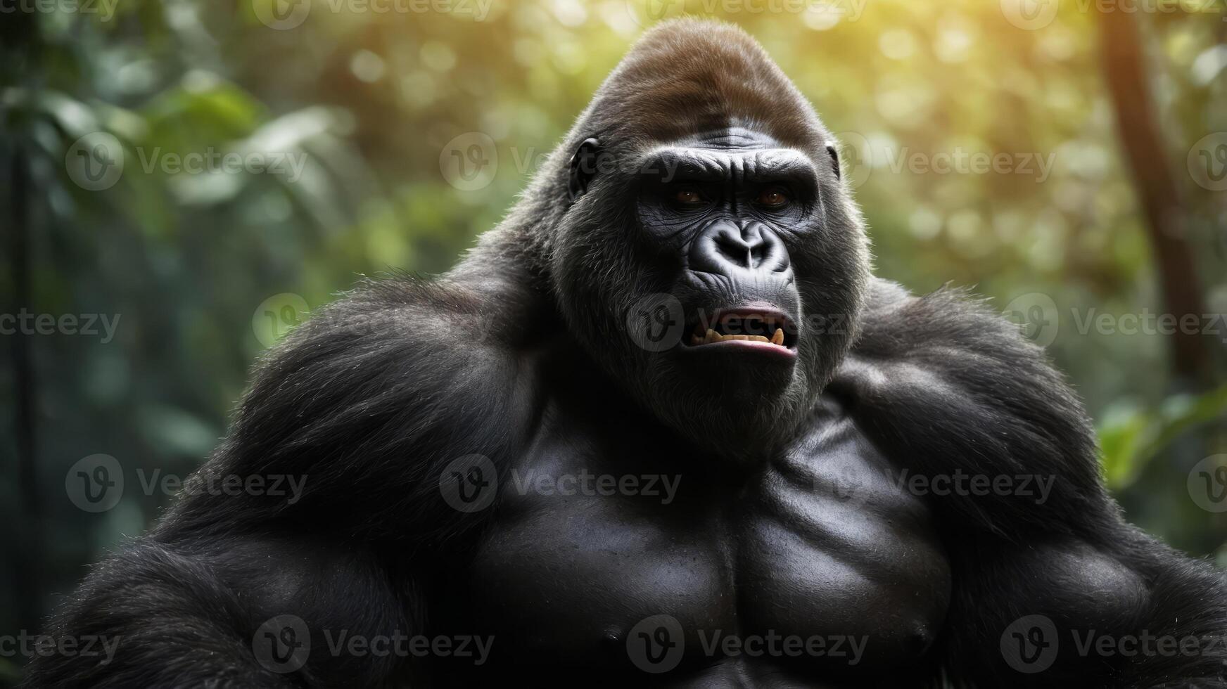 Big angry gorilla animal monster fighter in wildlife jungle or forest, dangerous mad and aggressive king kong, muscular powerful monkey beast. photo