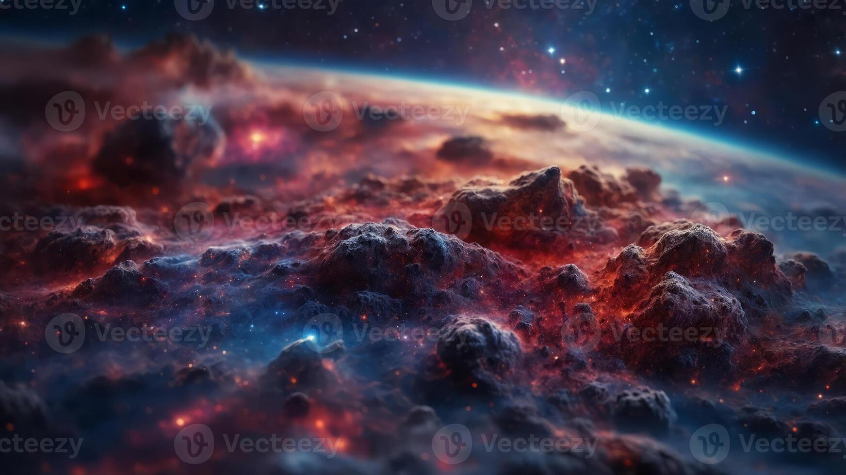 The captivating image of a galaxy features brilliant star clusters and vibrant cosmic dust in red and blue hues, evoking the mysteries of space. photo