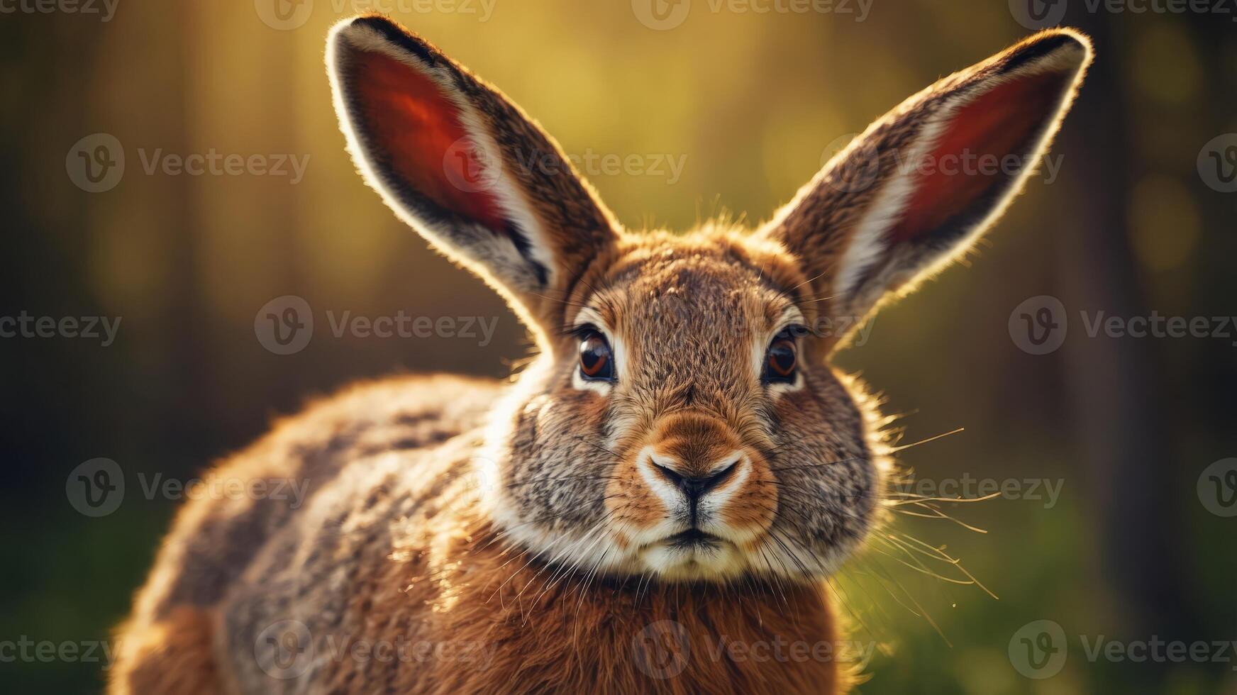 Close-up of a hare looking sideways with the sun's rays in the background. photo