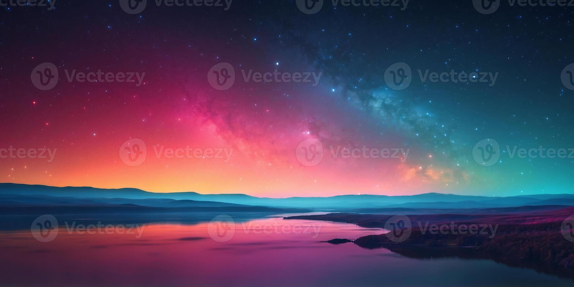 Abstract gradient landscape with vibrant colors and starry sky. photo