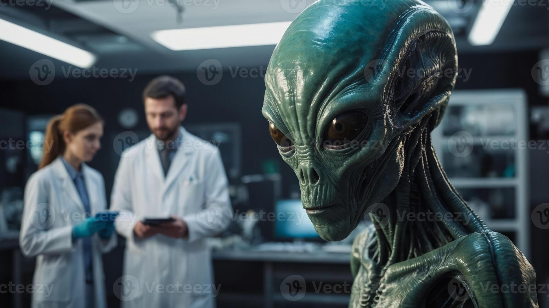 An alien being is examined by a team of scientists. photo