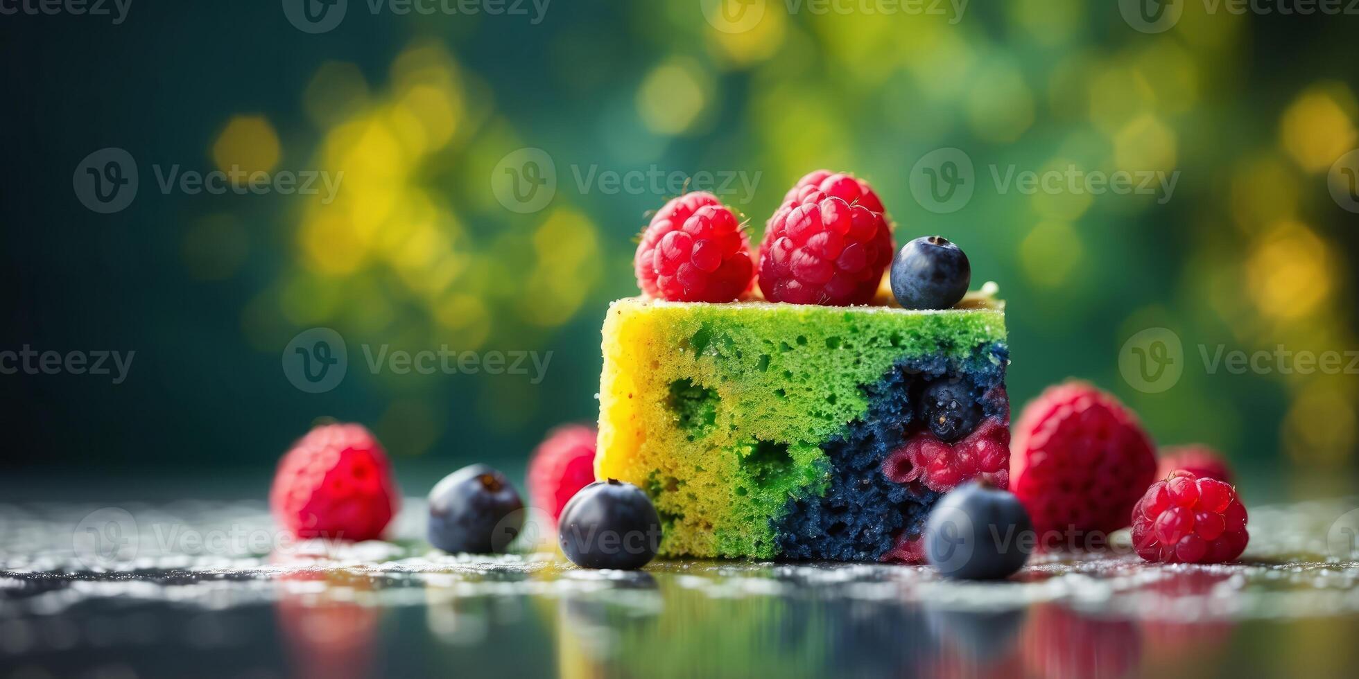 Abstract raspberry and blueberry cake made of green and yellow dishwashing sponge Minimal conceptual food idea. photo